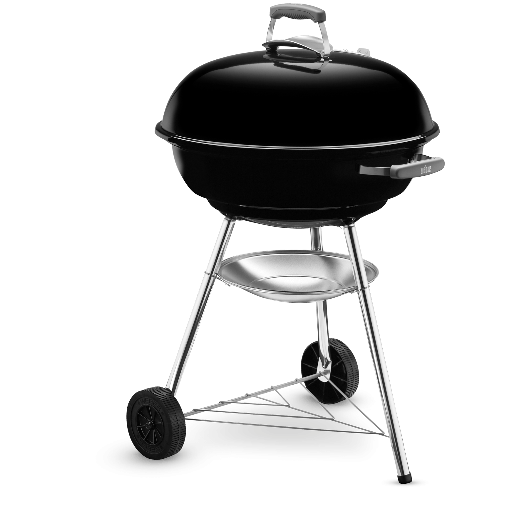 Griglia Weber nera con vassoio argentato e gambe cromate.
