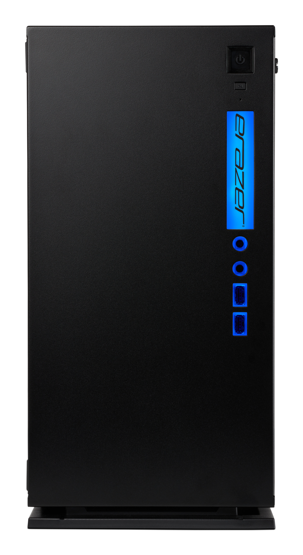 Czarna obudowa komputera z niebieskim wyświetlaczem świetlnym z przodu. Słowo 'eRazer' świeci.