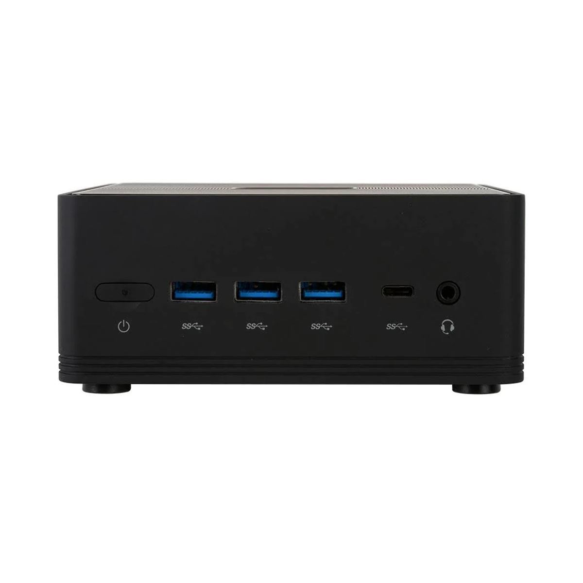 Mini PC negro con múltiples puertos USB y conector de audio sobre fondo blanco.