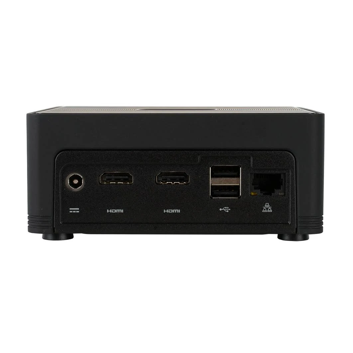 Mini ordenador negro con puertos: alimentación, HDMI, USB y ethernet.