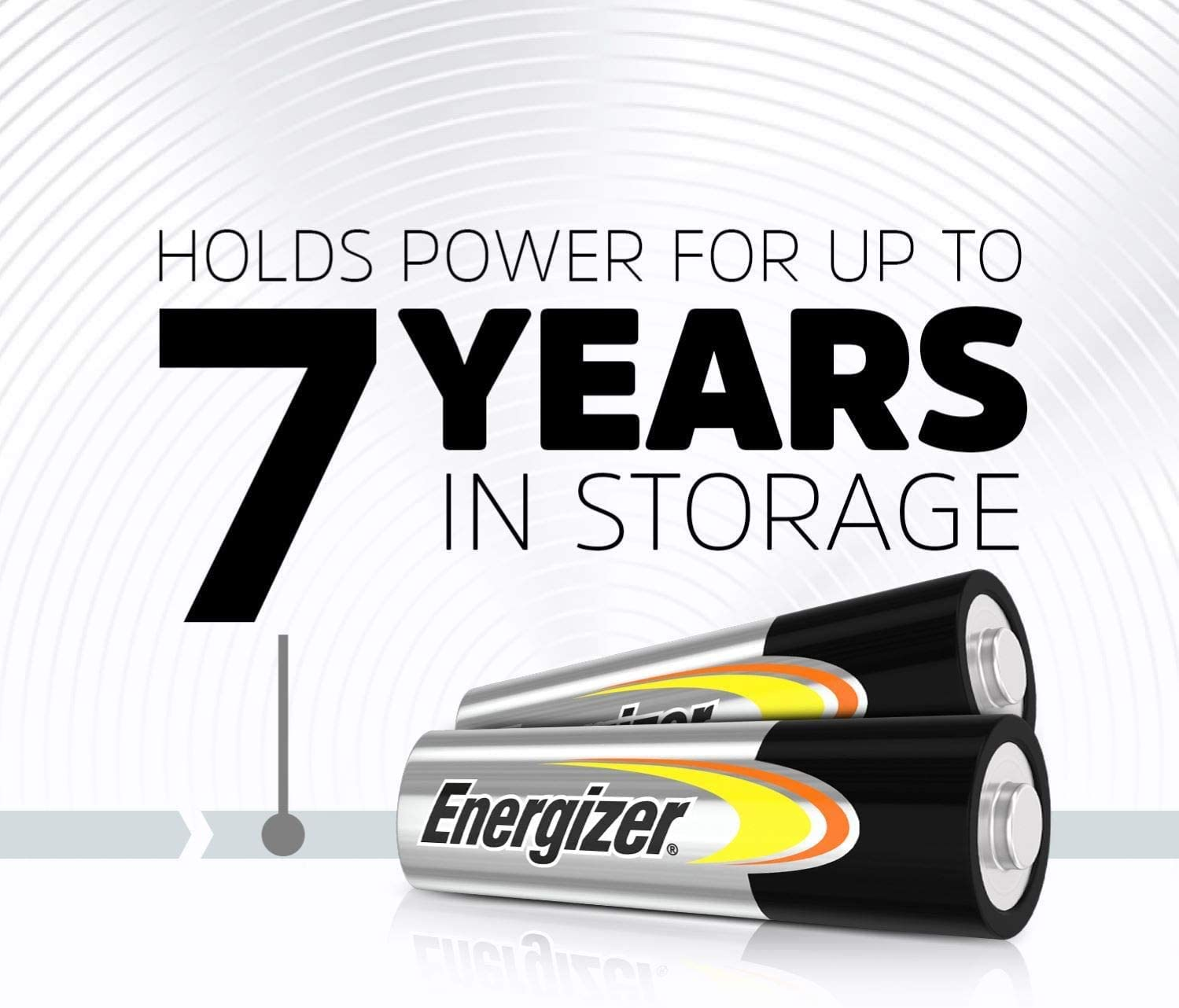 Baterie Energizer, z tekstem wskazującym, że mogą przechowywać energię do 7 lat w magazynie.