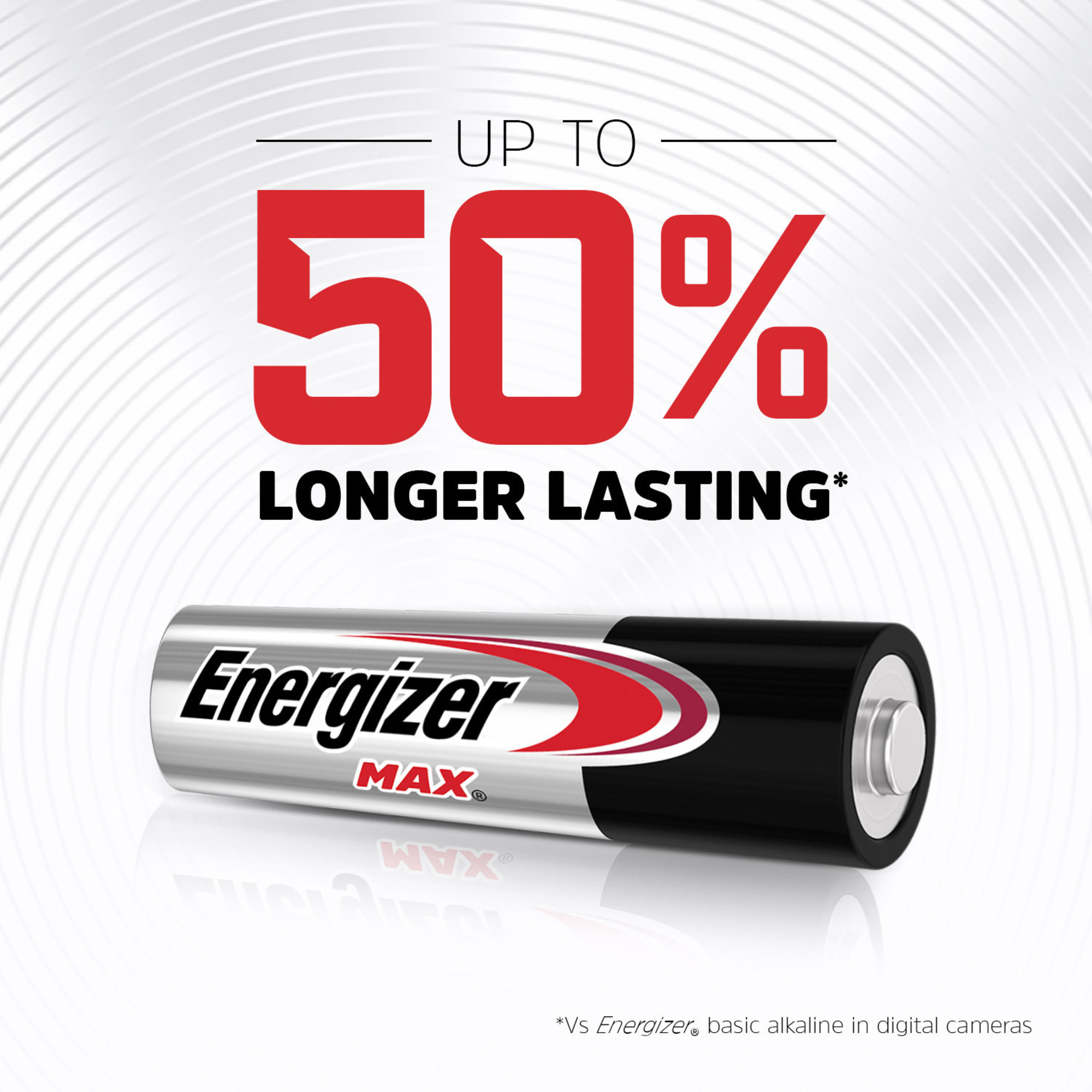 Energizer MAX Batterie mit Text: Bis zu 50 % länger haltbar.