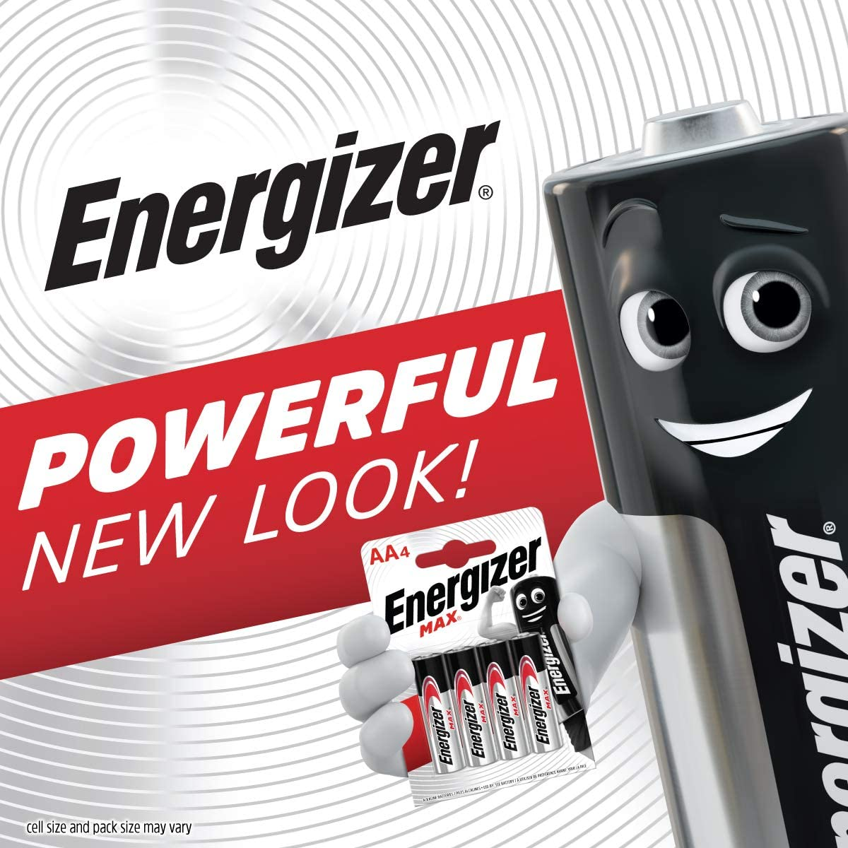 Baterie Energizer z kreskówkową baterią trzymającą opakowanie. Tekst: MOCNY NOWY WYGLĄD!
