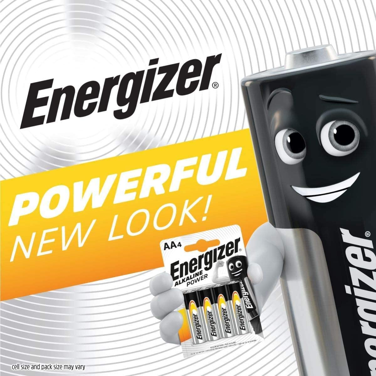 Energizer-Batterie-Charakter hält eine Packung AA-Batterien. Gelber Hintergrund mit Text.