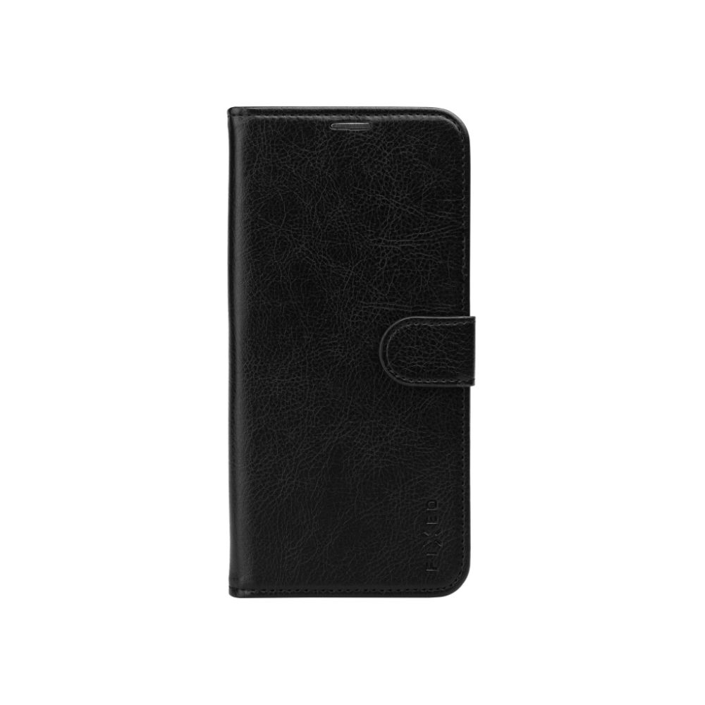 Schwarze Leder-Handyhülle, geschlossen. Mit Verschluss und Nahtmuster.