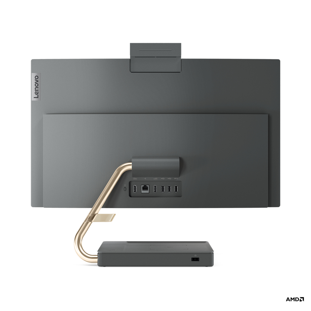 Rückseite eines Lenovo All-in-One-Computers. Anschlüsse und ein Ständer sind sichtbar.