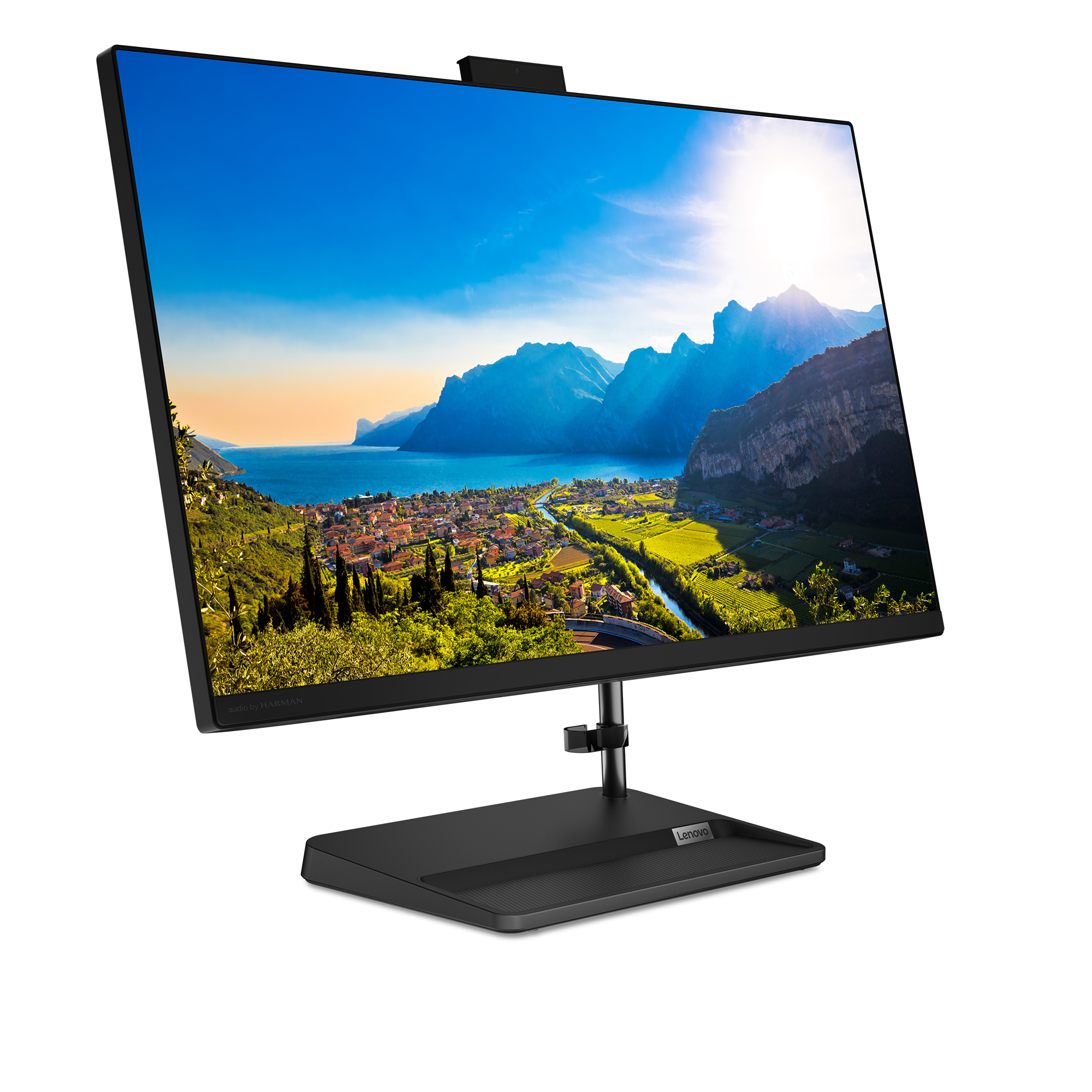 Lenovo All-in-One-Computer. Landschaftsansicht auf dem Bildschirm mit Bergen und Wasser. Schwarzer Sockel und Ständer.