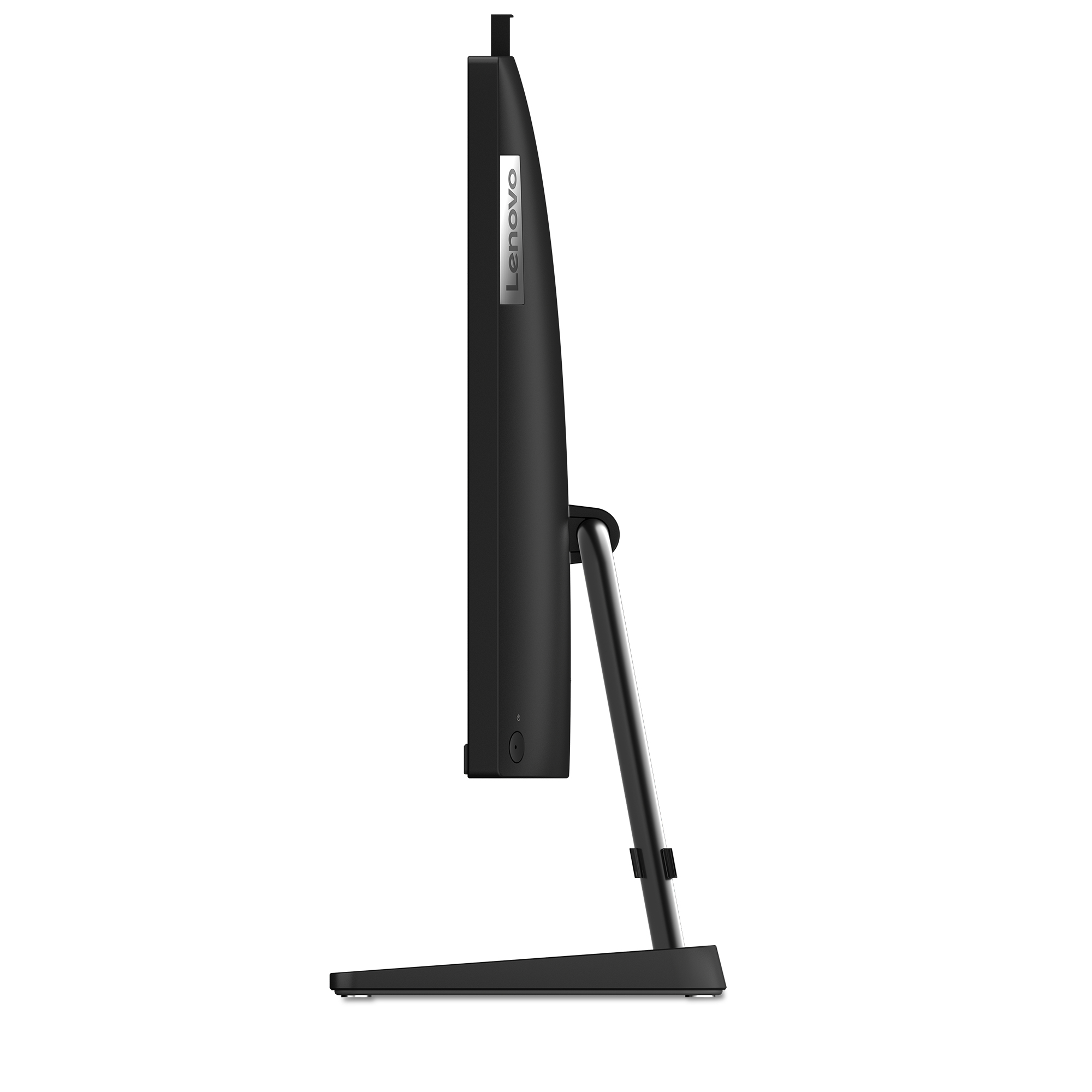 Seitenansicht eines schwarzen Lenovo-Monitors mit silbernem Lenovo-Logo. Ständer und Anschlüsse sichtbar.