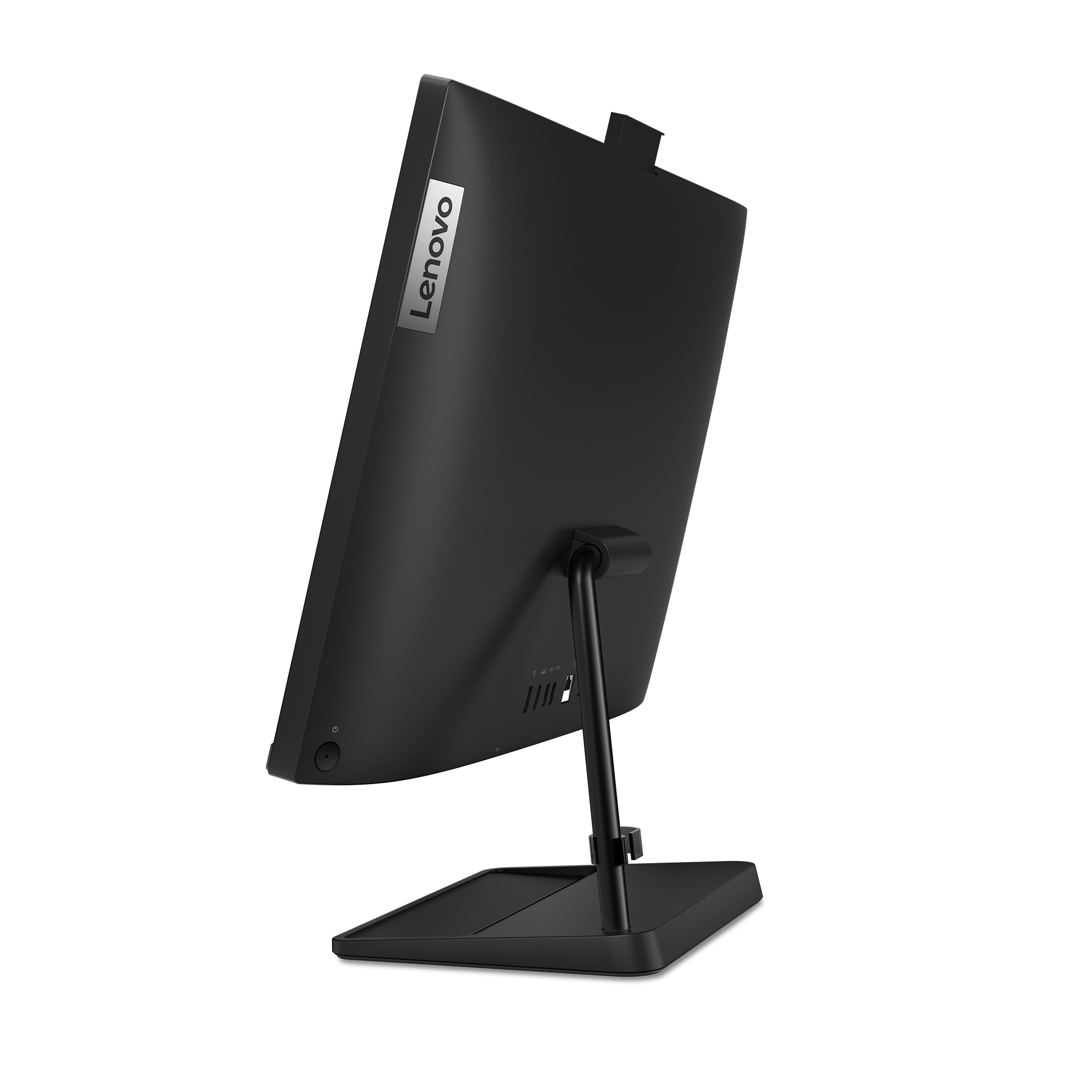 Ein schwarzer Computermonitor mit einem silbernen Lenovo-Logo.