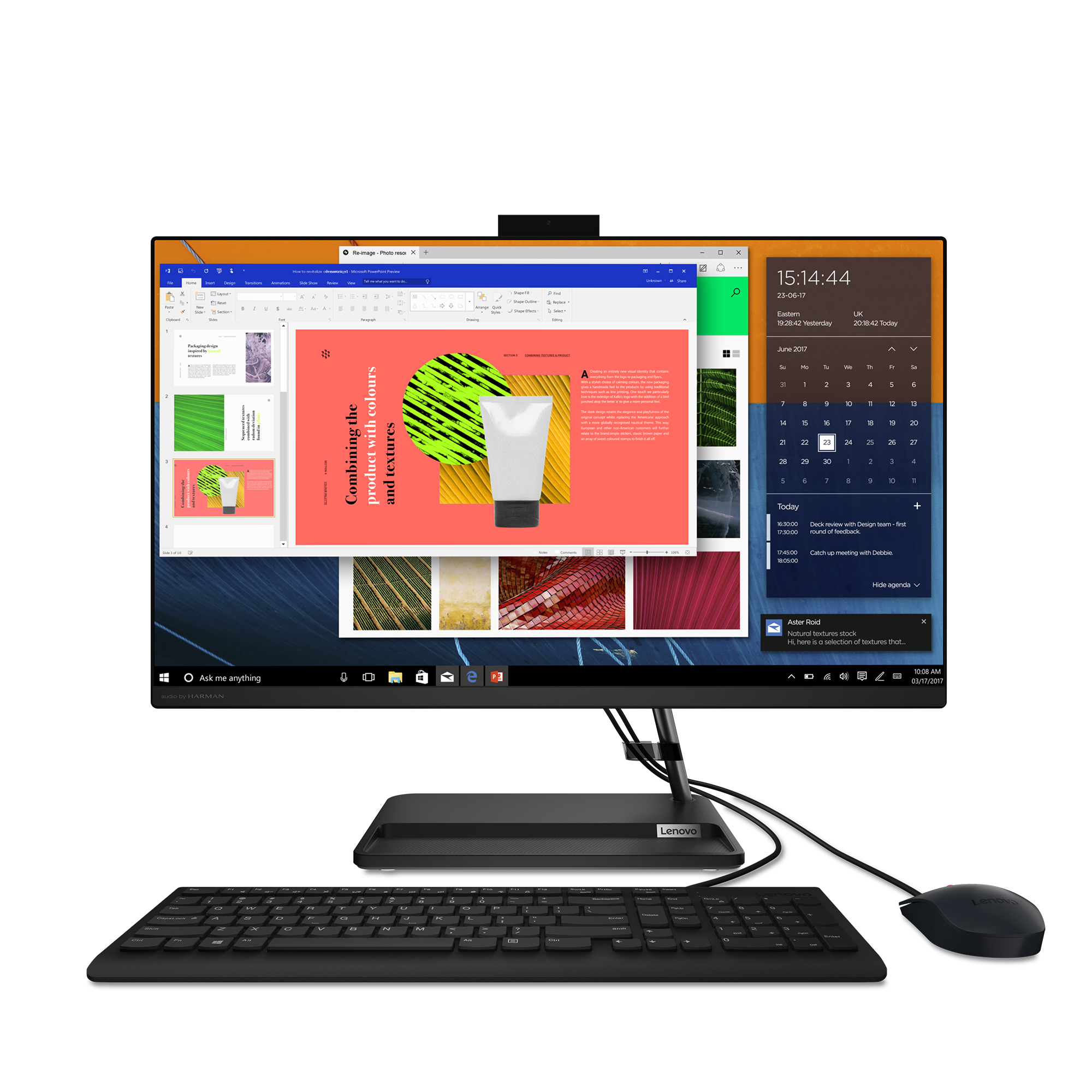 All-in-One-Desktop-Computer mit schwarzem Bildschirm, der eine Webseite und einen Kalender anzeigt.