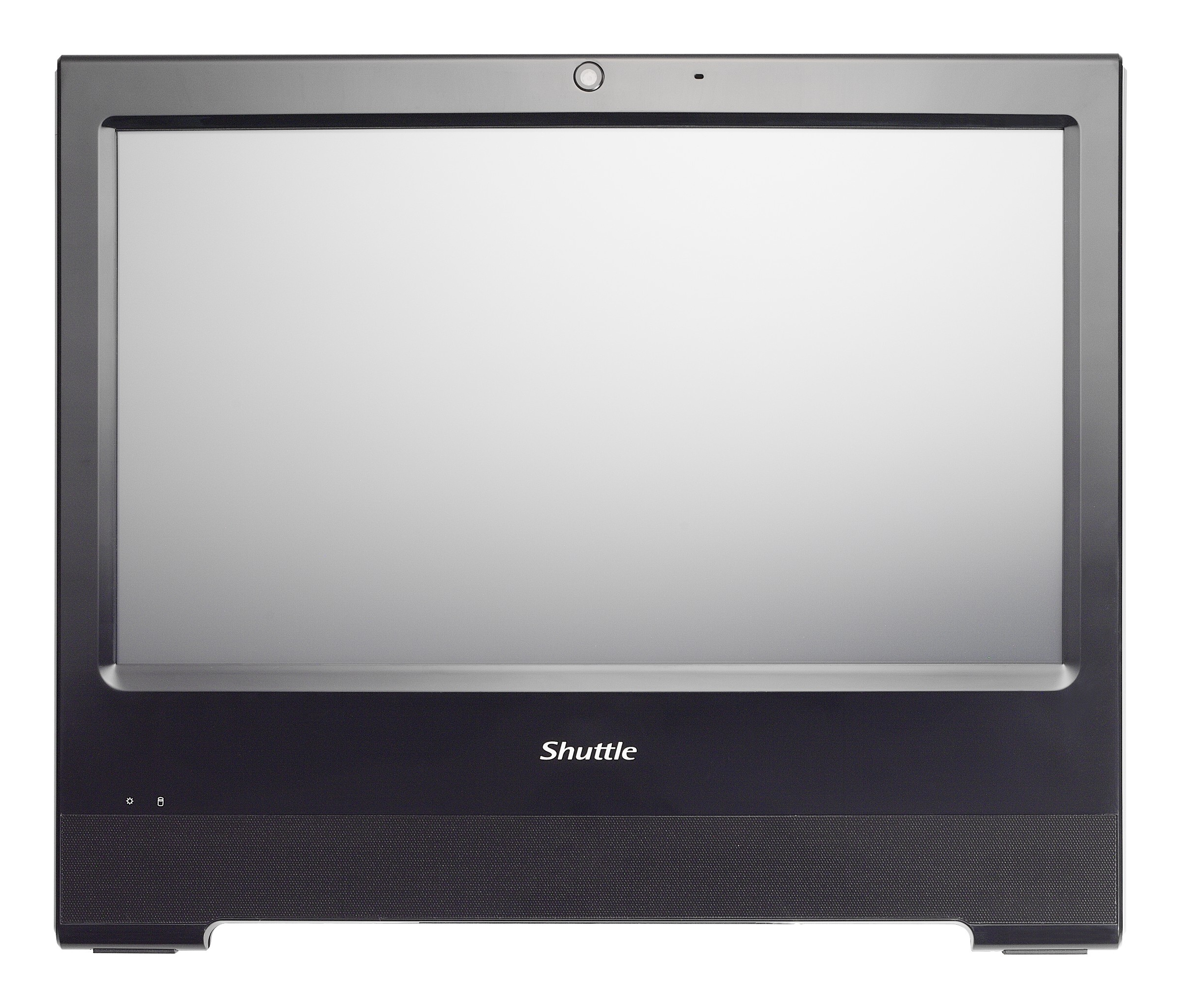 Vista frontale di un computer all-in-one Shuttle nero. Lo schermo è grigio.