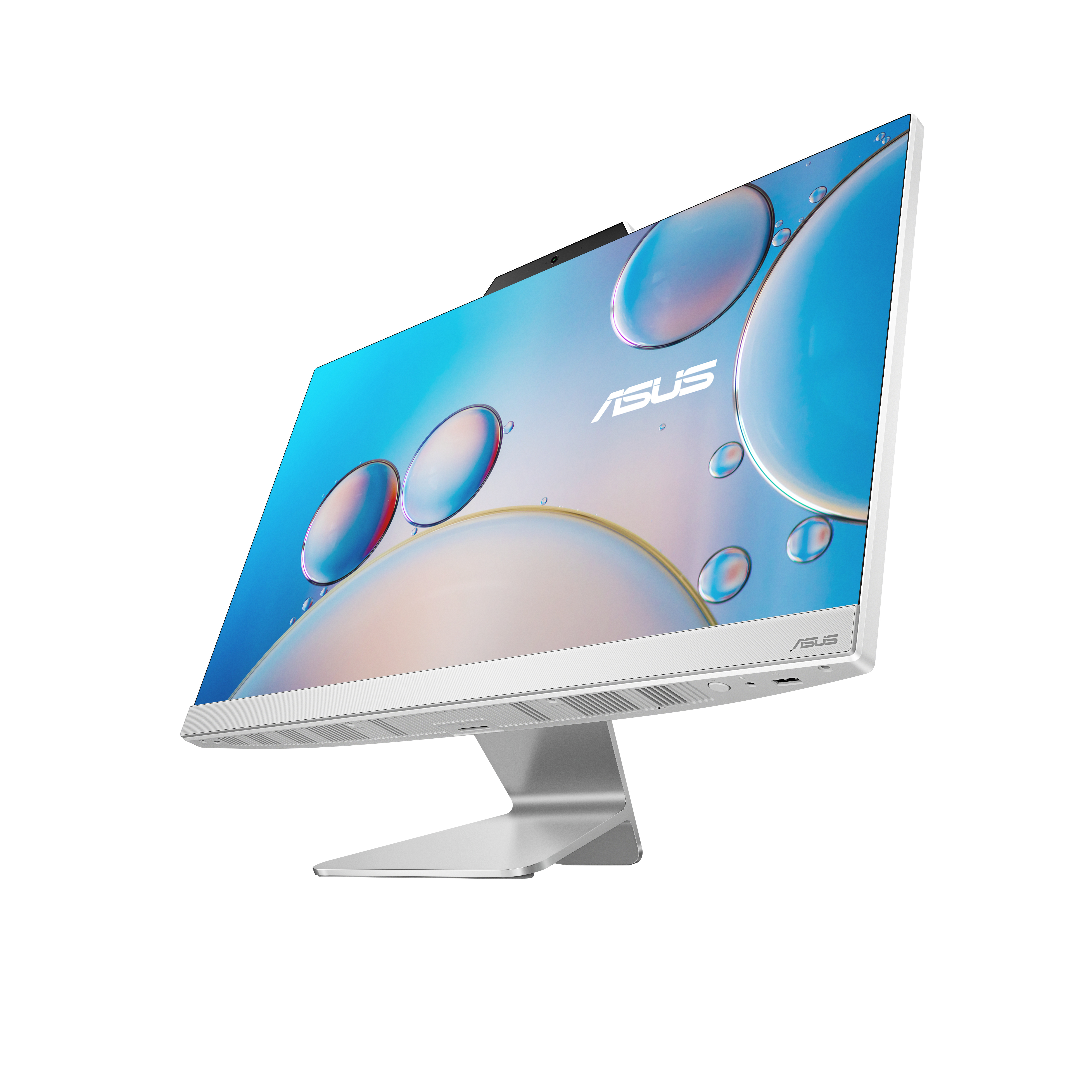 Biały komputer ASUS all-in-one z zakrzywionym ekranem i srebrną podstawą.