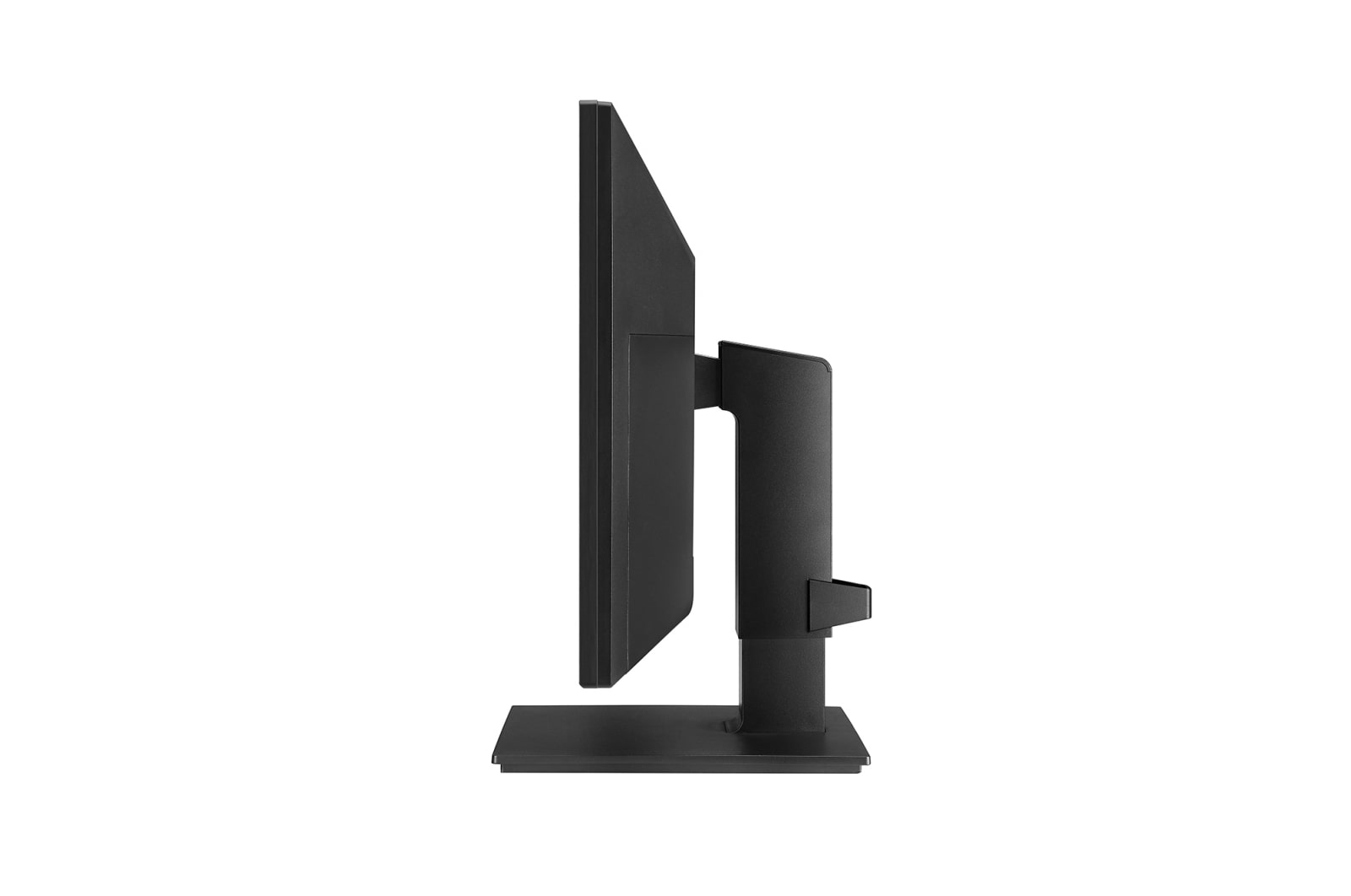 Monitor del computer nero, vista laterale. Lo schermo è nero. Sfondo bianco.