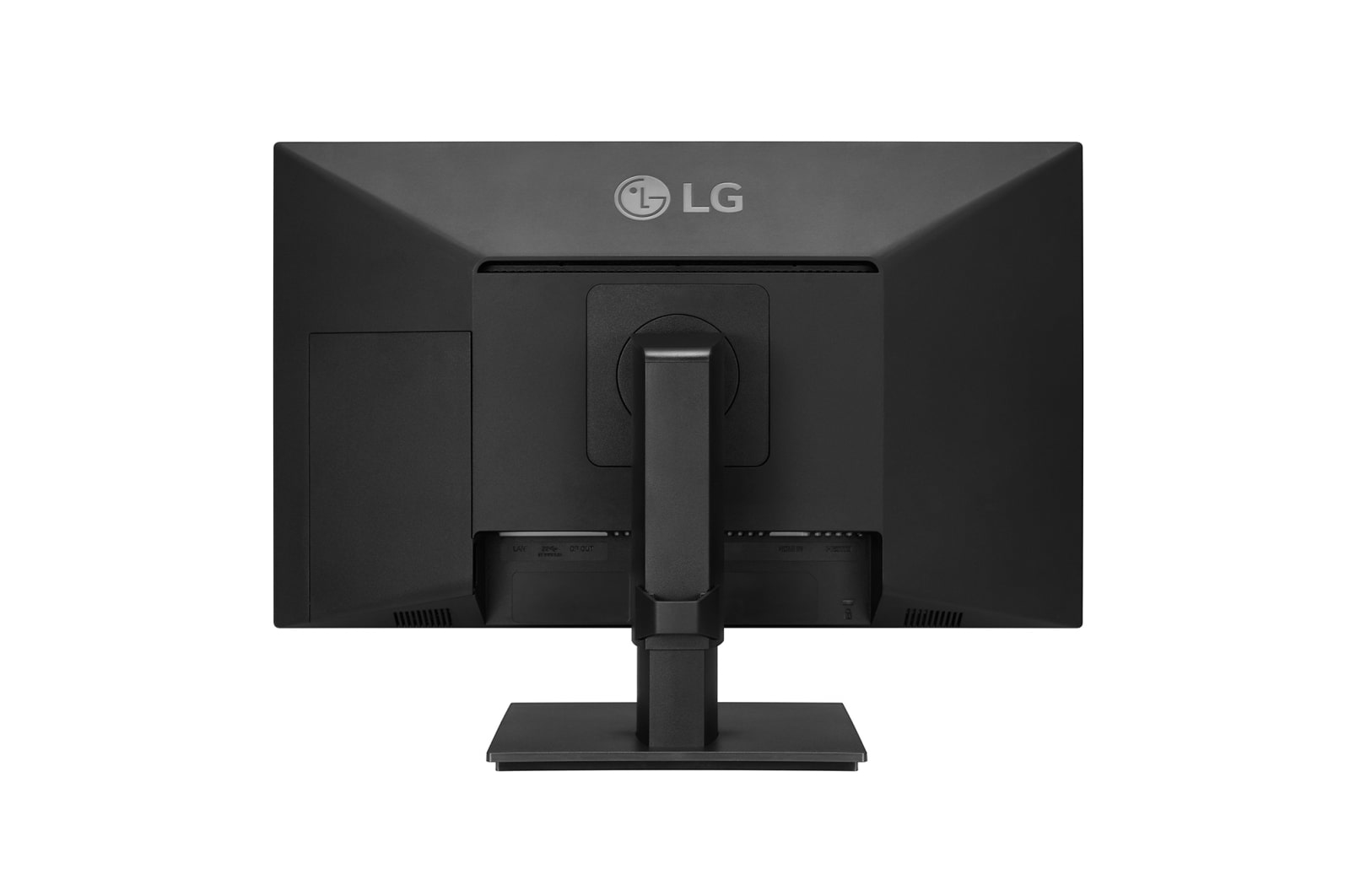 Retro di un monitor LG nero. Le porte sono visibili sotto un logo LG. Il supporto è collegato.