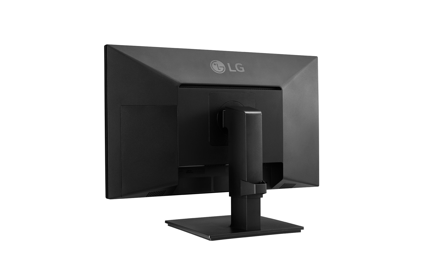 Vista posteriore del monitor LG nero, con supporto, porte e logo. Sfondo bianco.
