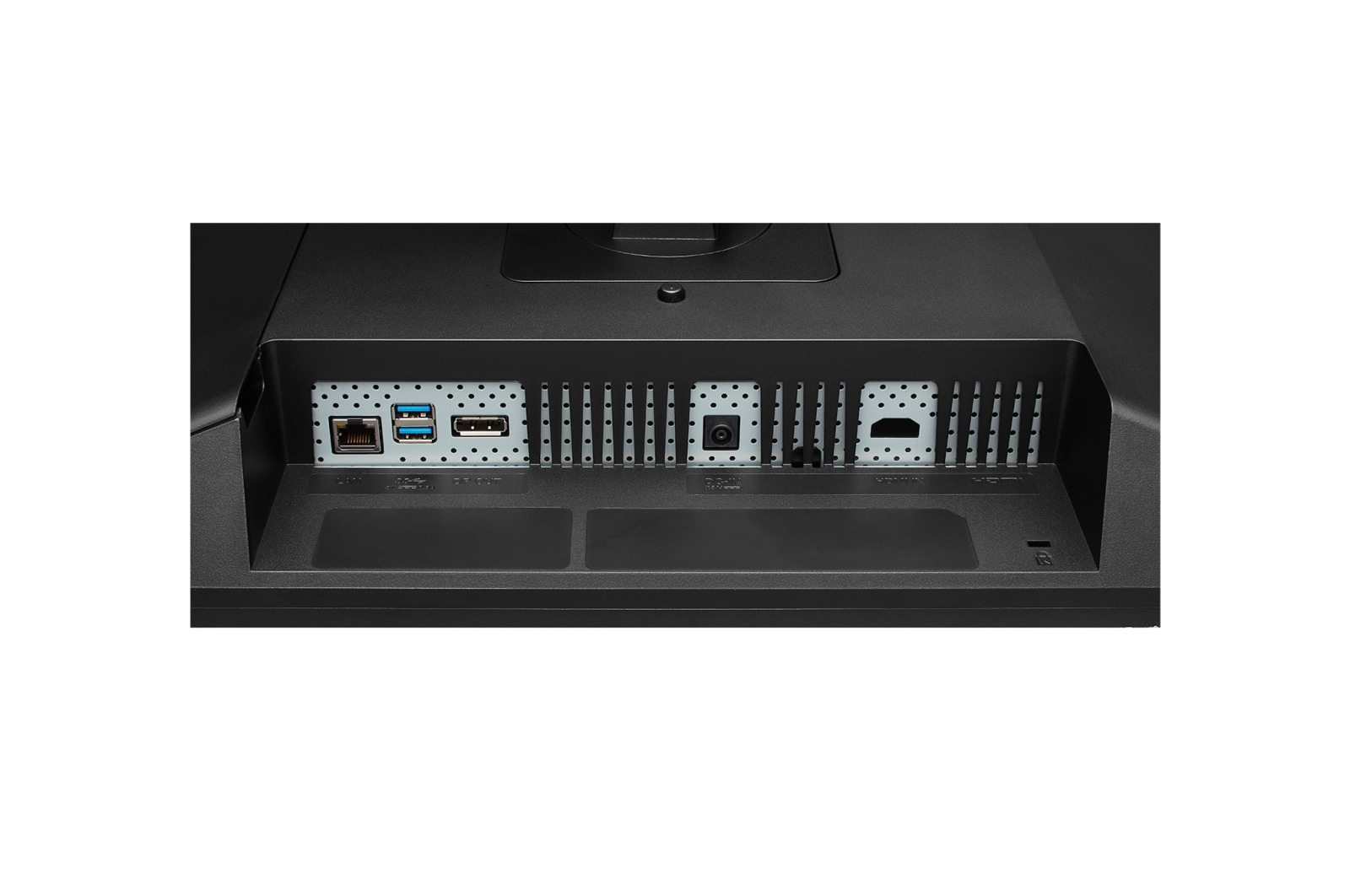 Vista posteriore di un monitor nero con varie porte. Sono visibili porte Ethernet, USB e HDMI.