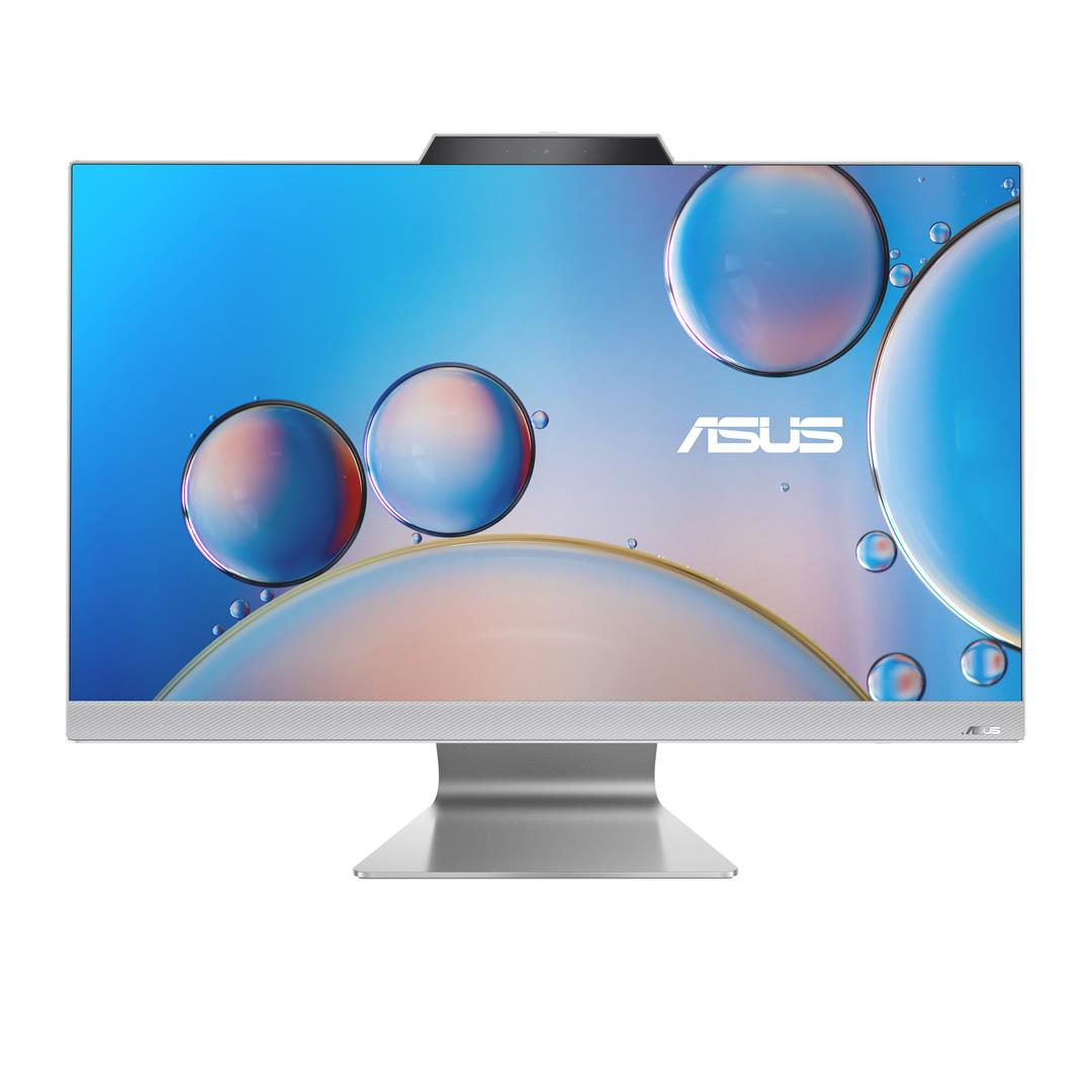 Biało-srebrny komputer ASUS all-in-one z zakrzywioną srebrną podstawą. Niebiesko-biały wyświetlacz.