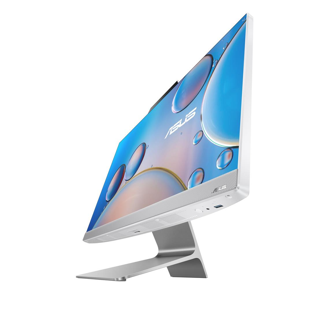 Komputer Asus all-in-one z białym i srebrnym designem. Ekran wyświetla niebieski.