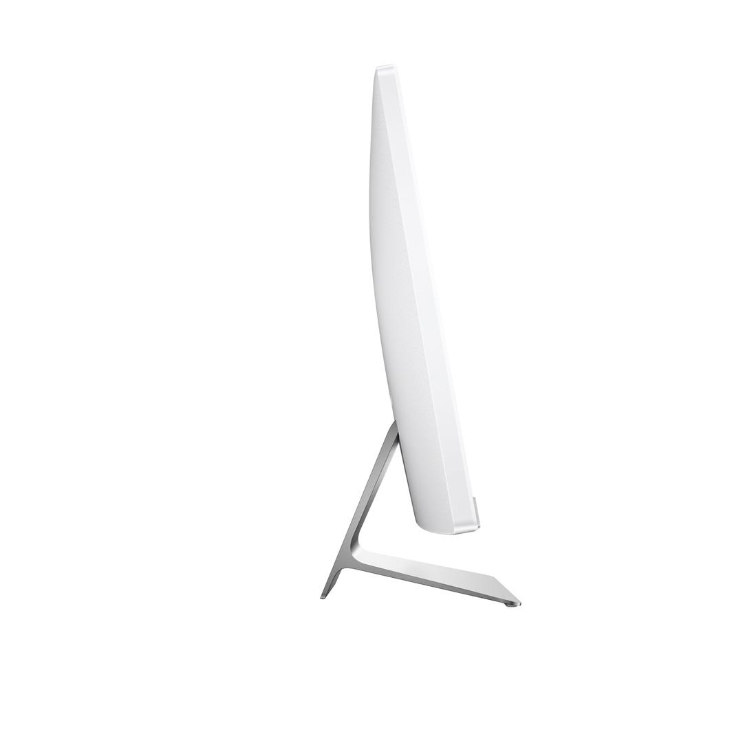 Biały monitor komputera z boku. Prosty design ze srebrną podstawą.