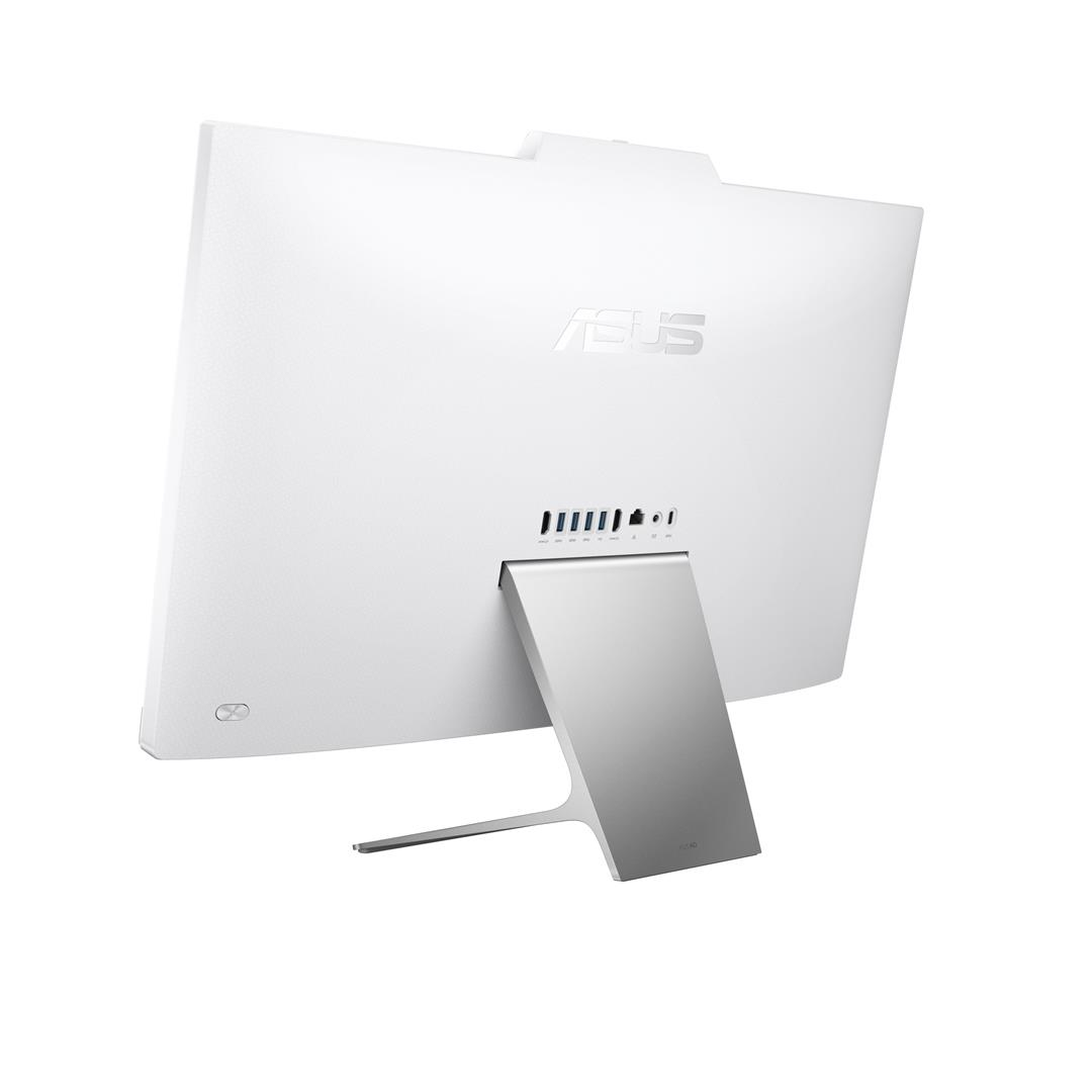 Widok z tyłu białego komputera ASUS all-in-one ze srebrną podstawą. Pokazuje porty i logo ASUS.