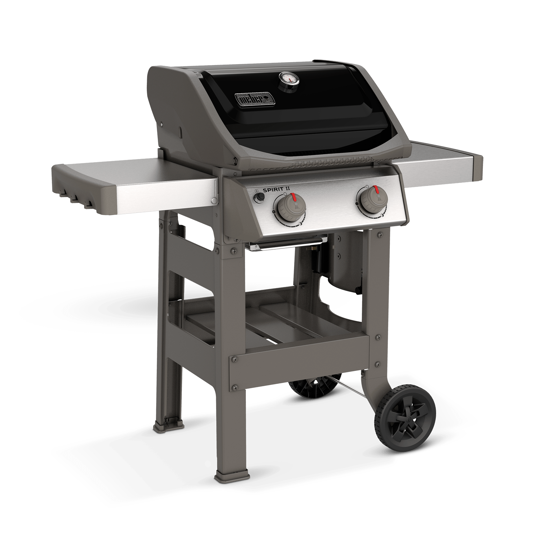 Szary i czarny grill Weber Spirit II z dwoma pokrętłami i półkami bocznymi, na czarnym tle.