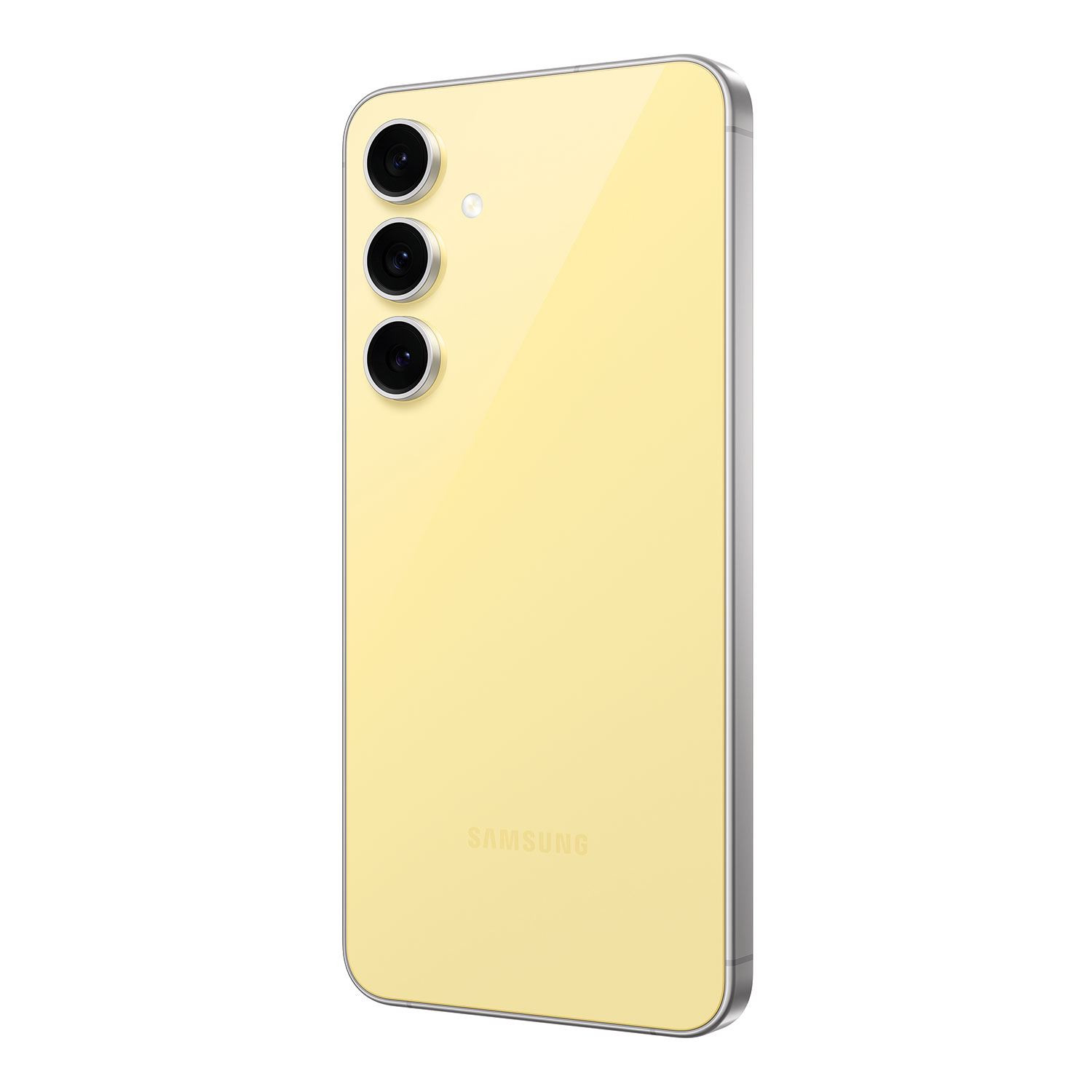Żółty smartfon z trzema tylnymi aparatami. Widoczne logo Samsung. Srebrna ramka.