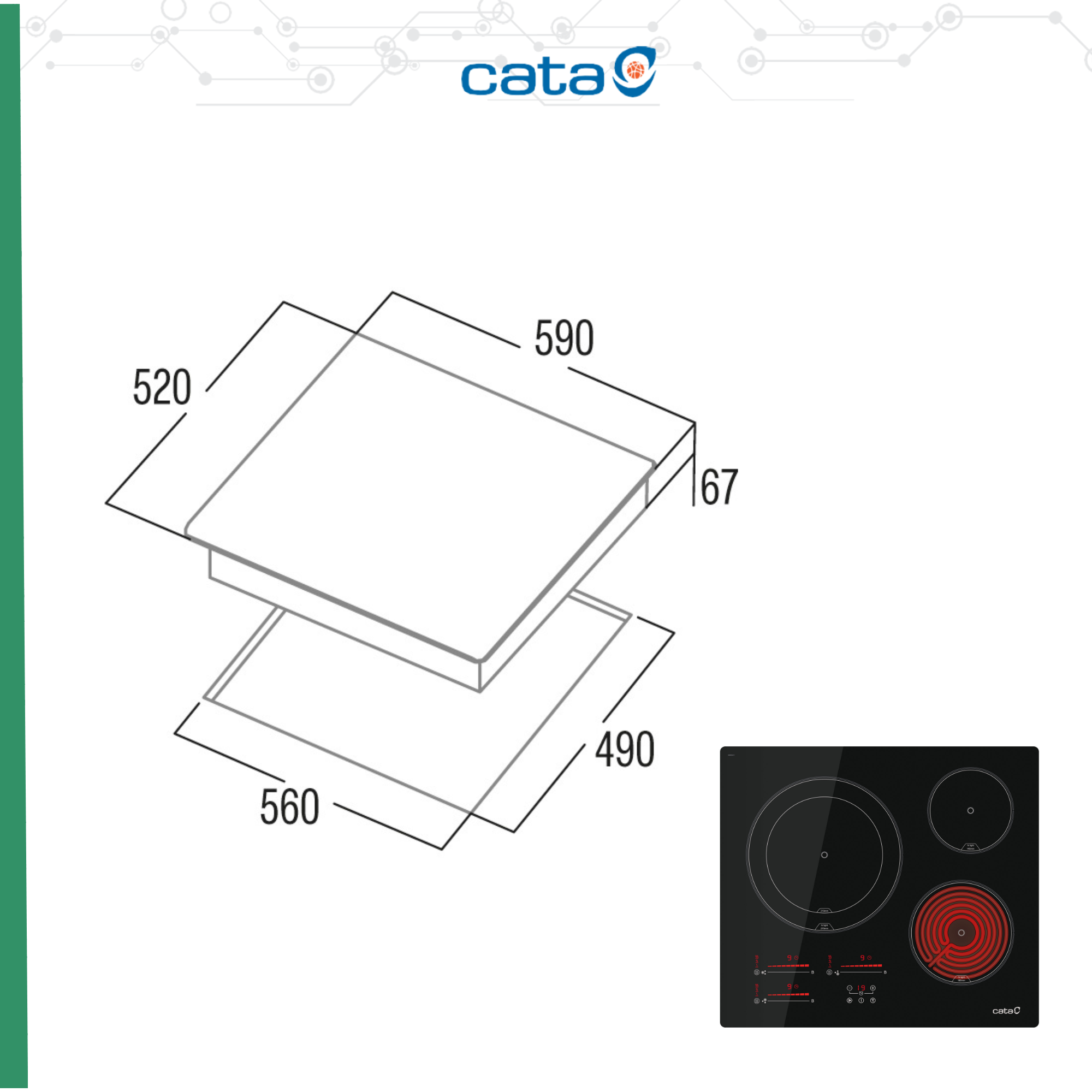 Una placa de inducción negra con dimensiones y una imagen separada de la placa con elementos calefactores rojos.