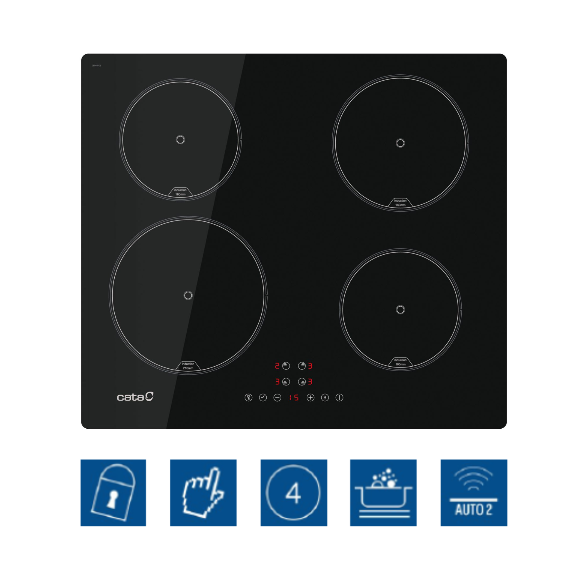 Una placa de inducción negra con cuatro quemadores e iconos de control, sobre fondo blanco.