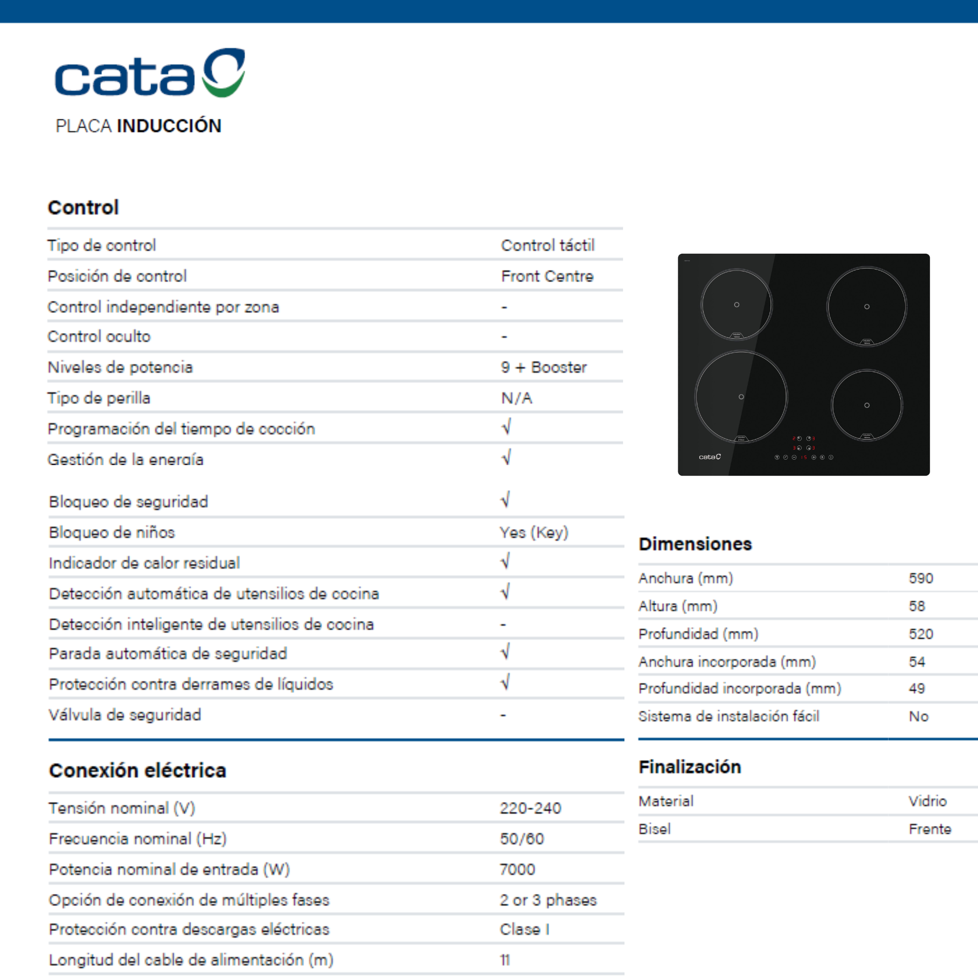Una hoja de especificaciones detallada para una placa de inducción Cata, incluyendo controles, dimensiones y detalles eléctricos.