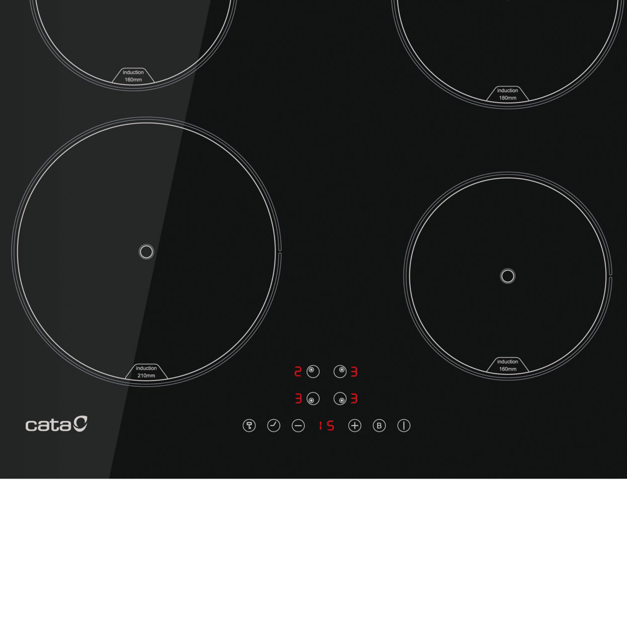 Placa de inducción de vidrio negro con cuatro zonas de cocción circulares y controles táctiles.