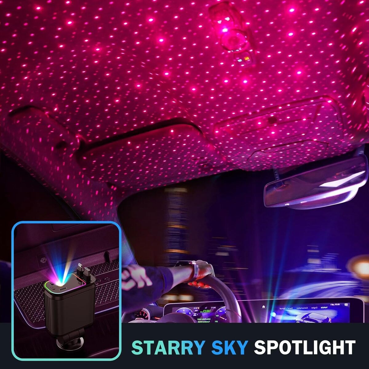 Interior de coche con luces rosas estrelladas en el techo y un puerto de carga en primer plano.