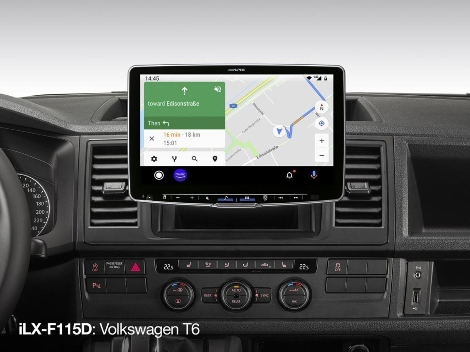 Armaturenbrett mit Navigationsbildschirm, der eine Karte zeigt. Text: iLX-F115D: Volkswagen T6.