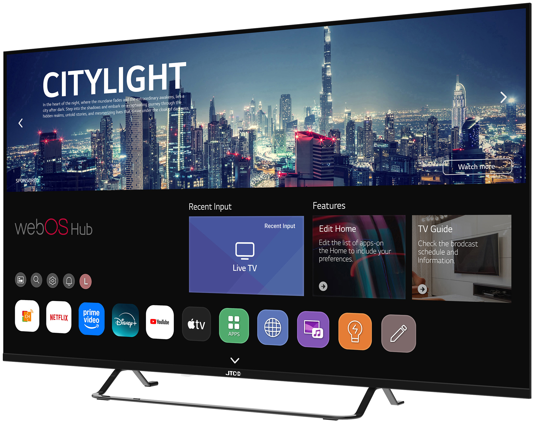 Smart-TV mit Benutzeroberfläche mit Apps und Stadt-Nachtlandschaft.