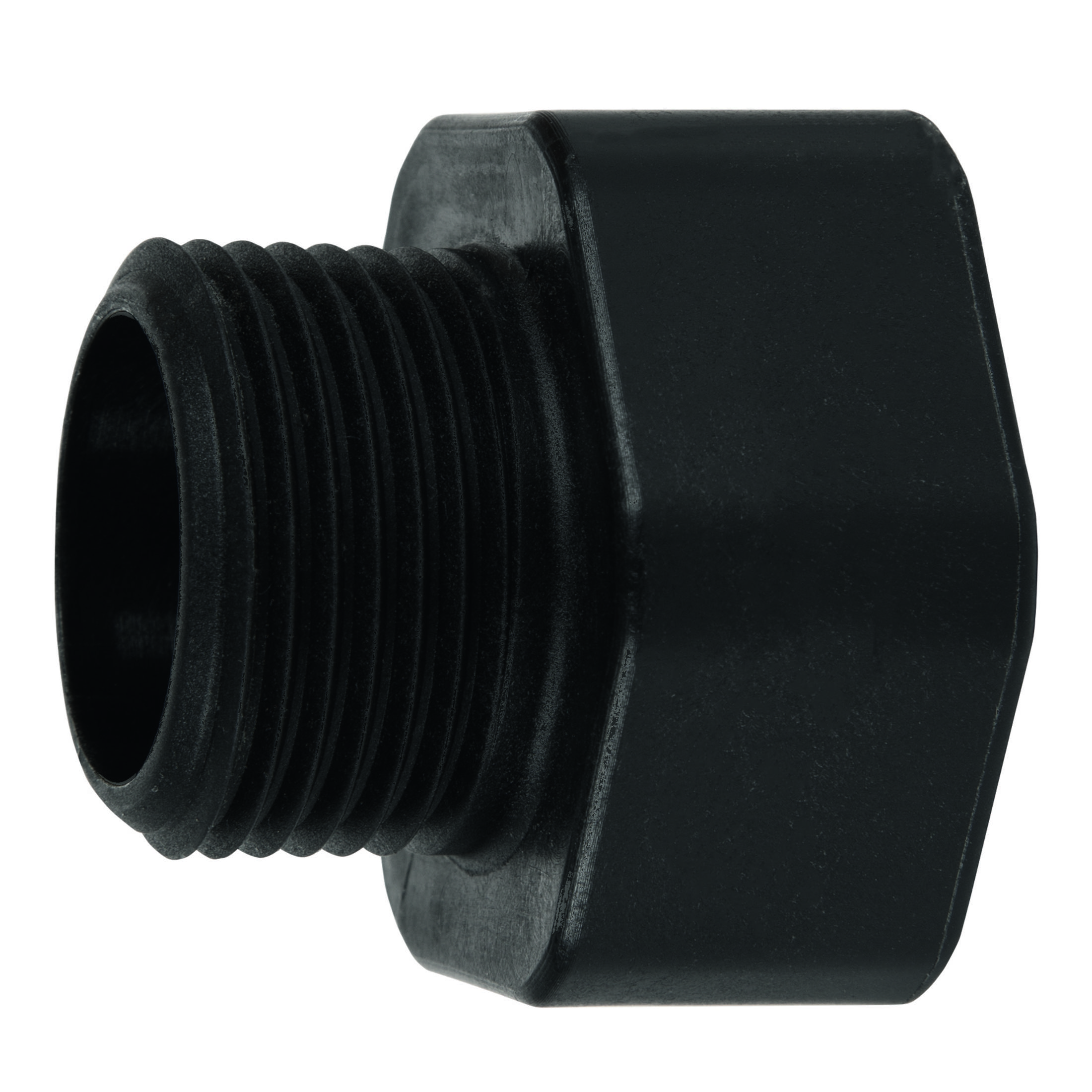 Czarny plastikowy adapter gwintowany. Gwint męski z jednej strony, kształt sześciokąta z drugiej.