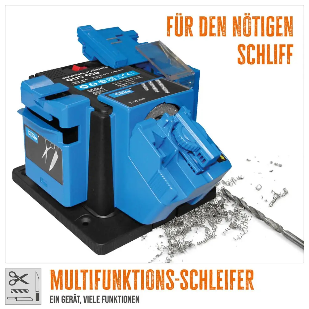 Blau-schwarze Schleifmaschine. Text auf Deutsch. Ein Bohrer und Metallspäne.