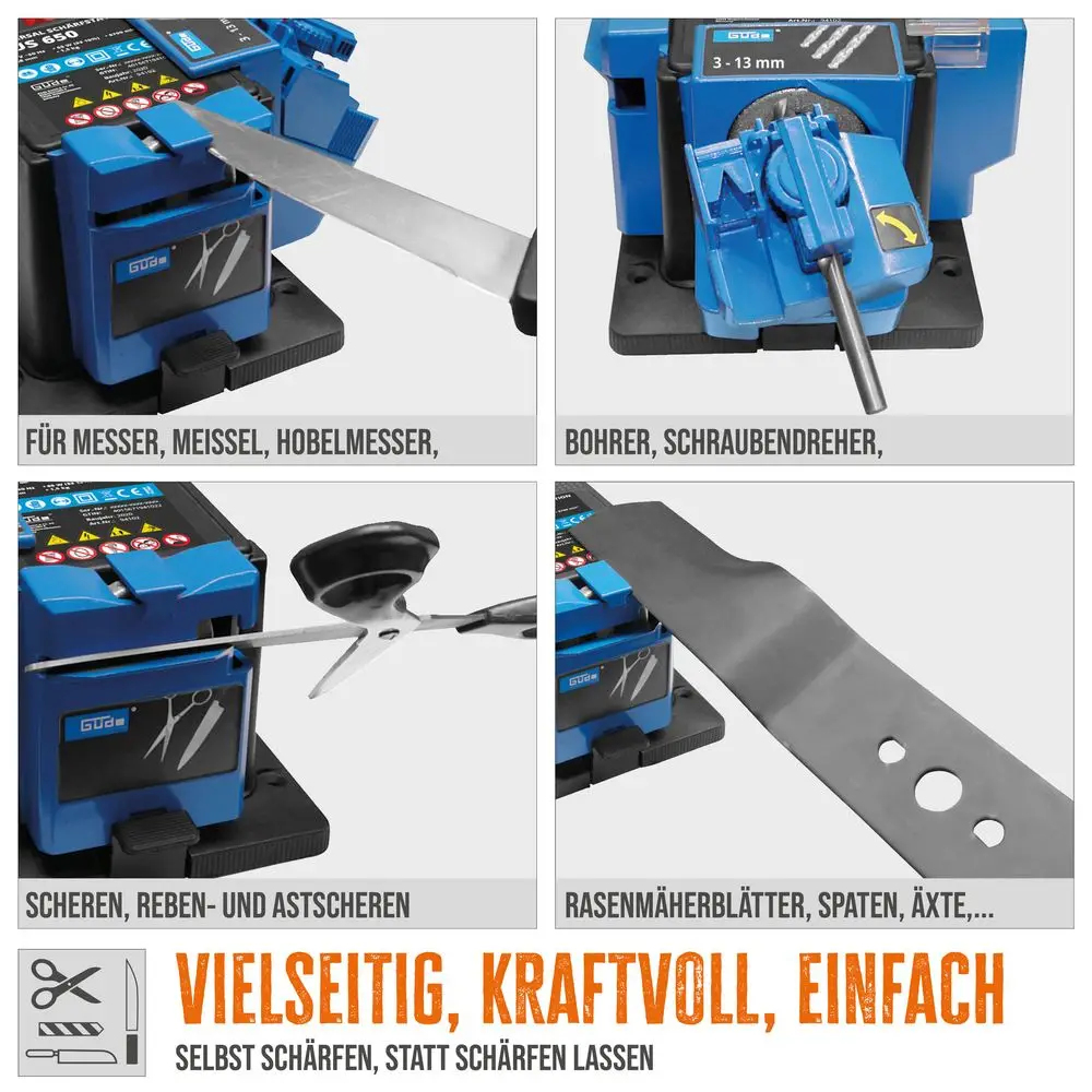 Maschine zum Schärfen von Werkzeugen. Zeigt verschiedene geschärfte Werkzeuge.