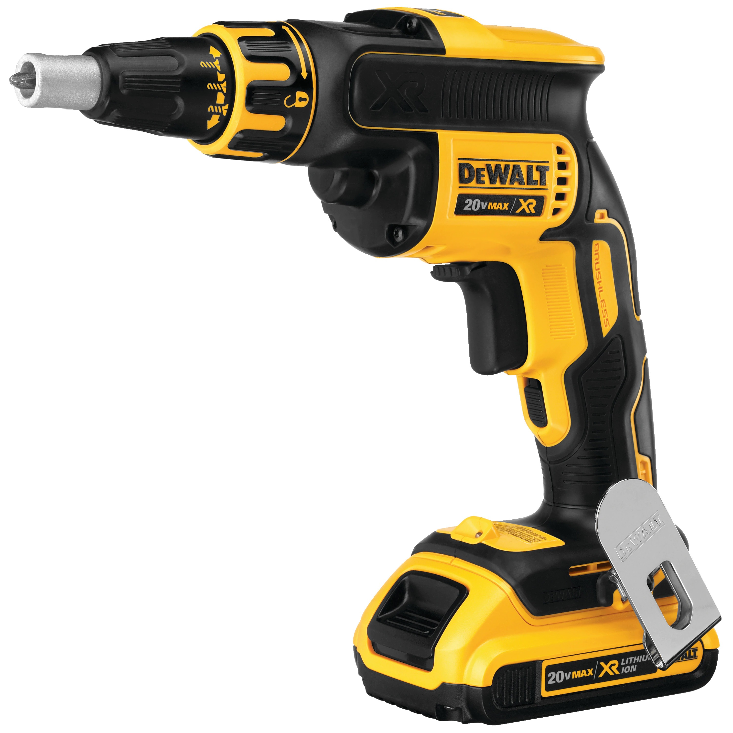 Destornillador inalámbrico DeWalt 20V MAX XR amarillo y negro con punta plateada.