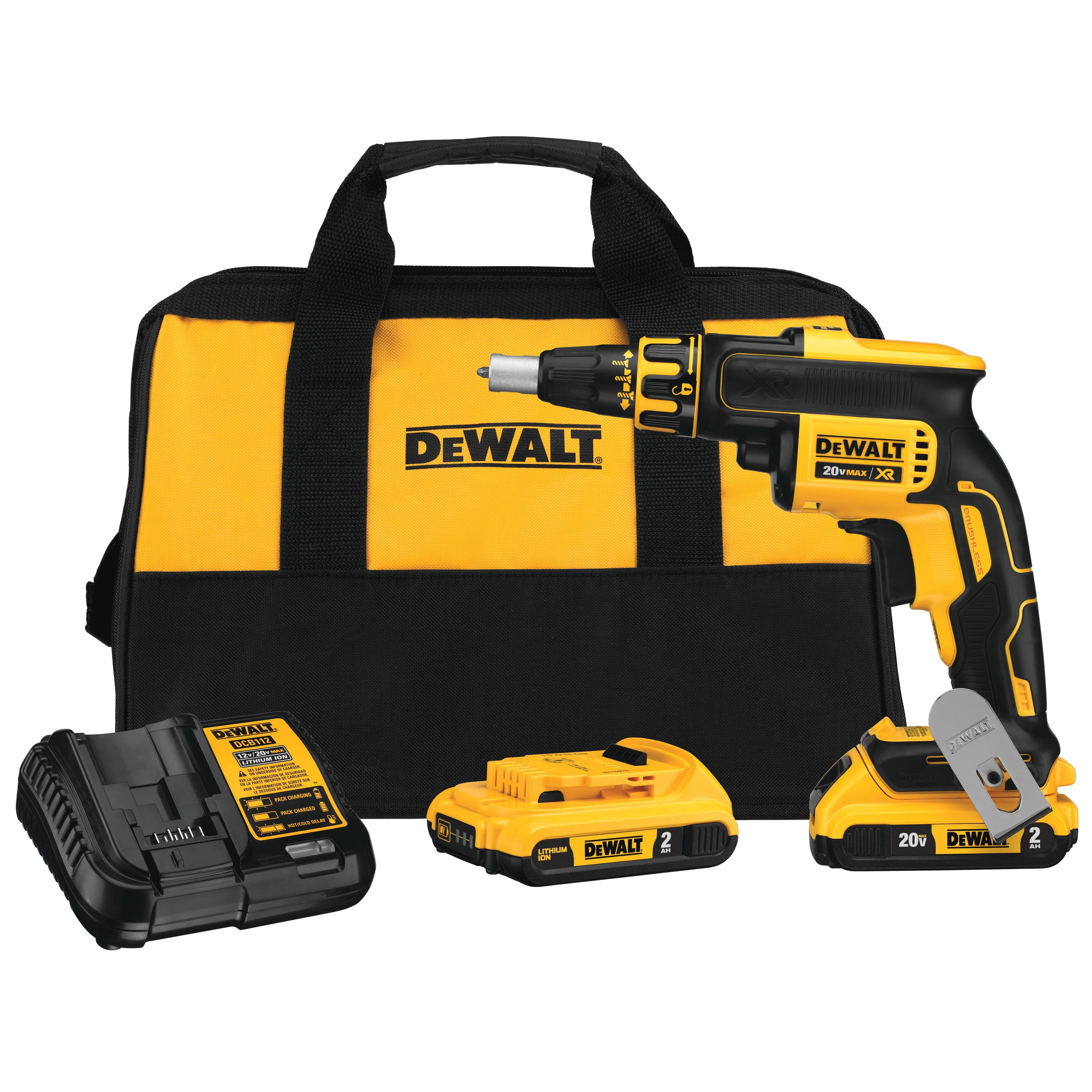 Taladro Dewalt amarillo y negro con accesorios, baterías y una bolsa. Fondo blanco.