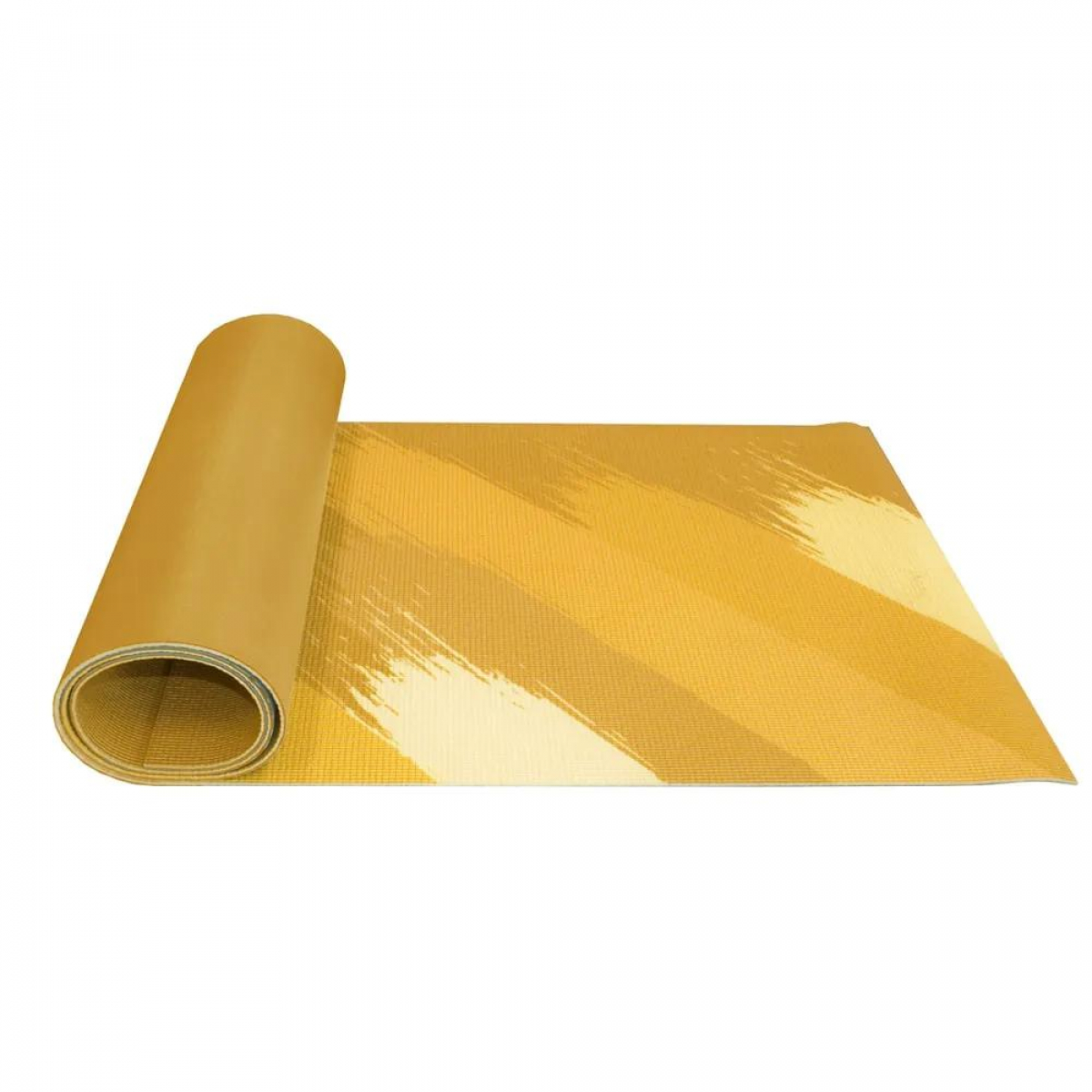 Yellow yoga mat rolled up with diagonal yellow and white stripes.