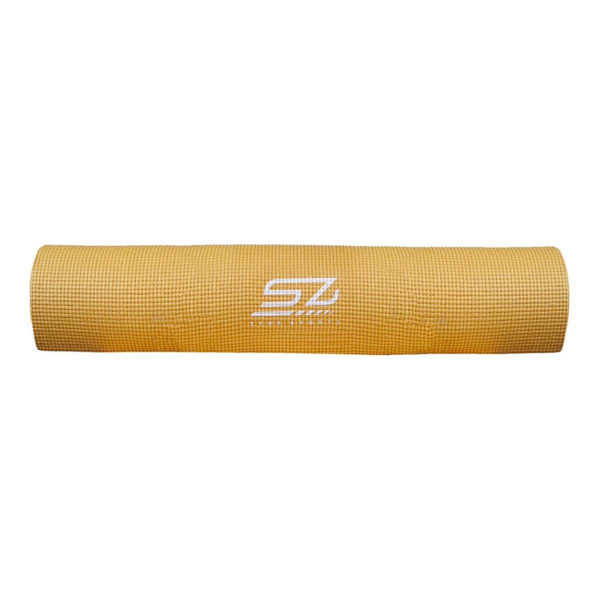Rolled yellow yoga mat with white logo on white background.