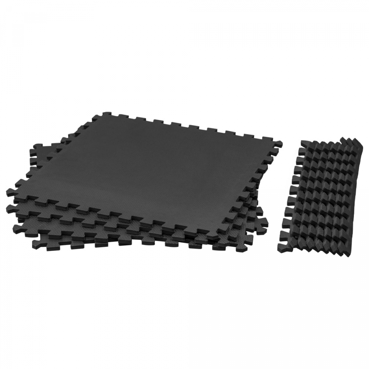 Black interlocking foam floor mats. White background.