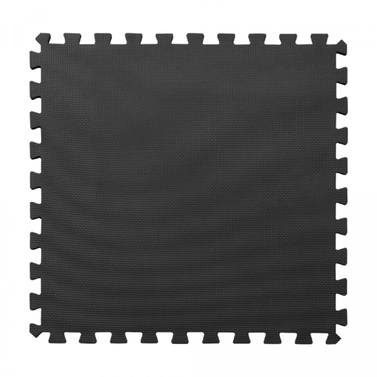 Black interlocking foam exercise mat. It has a textured surface and a square shape.