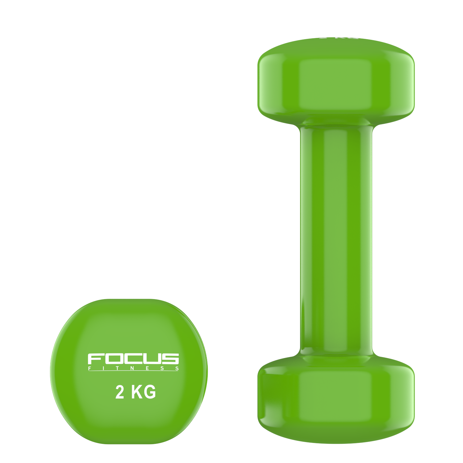 Two green dumbbells: one round, marked '2 KG', and one standard dumbbell.
