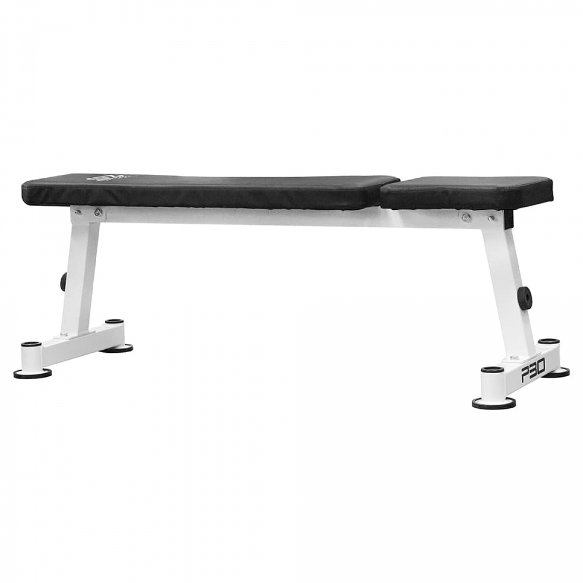 White and black weight bench. It has a black padded seat and a white frame.