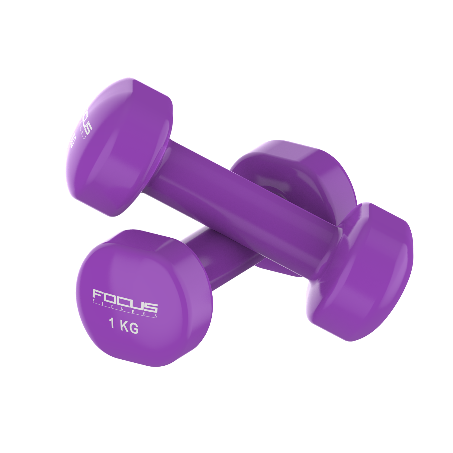 Two purple dumbbells on black background, focus fitness logo, 1kg printed.