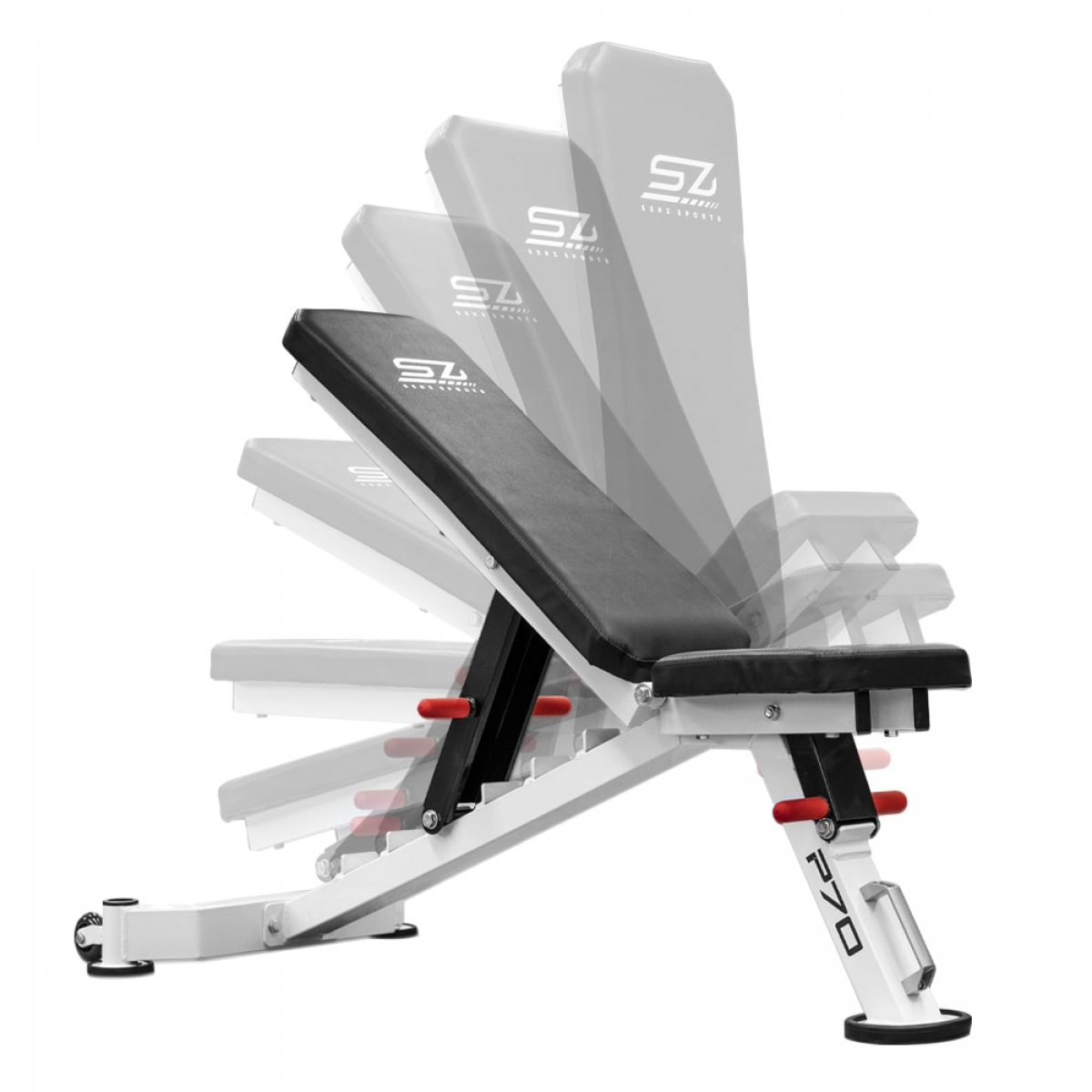 Adjustable weight bench with multiple positions and red adjustment levers.