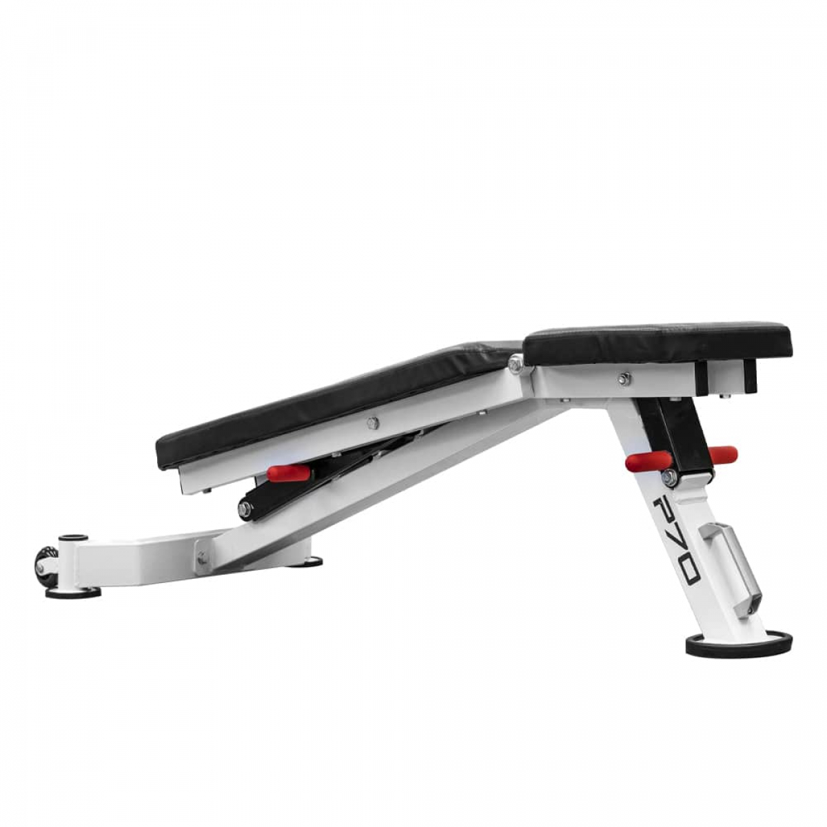 White and black weight bench. Red levers. White background.