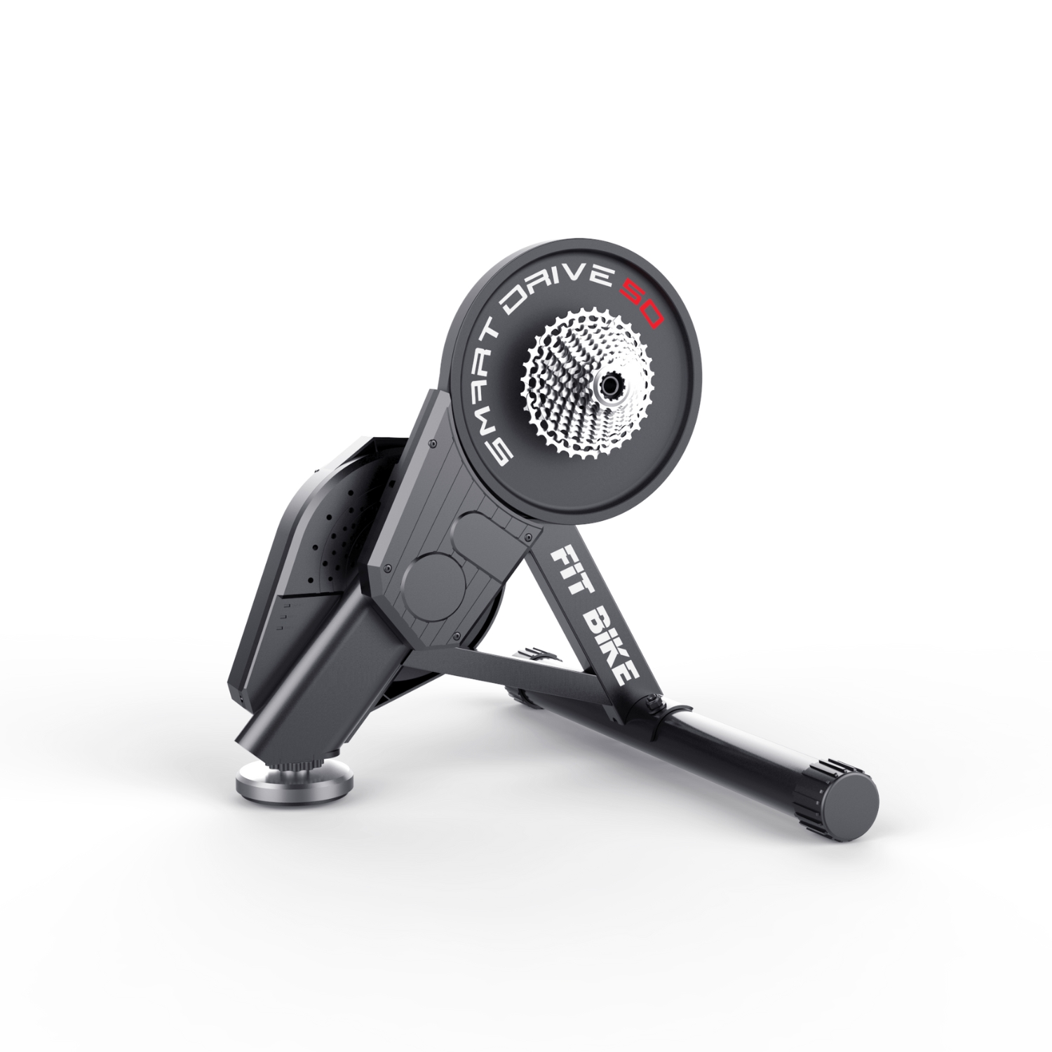Een zwart-zilveren fietstrainer met cassette en rode accenten.