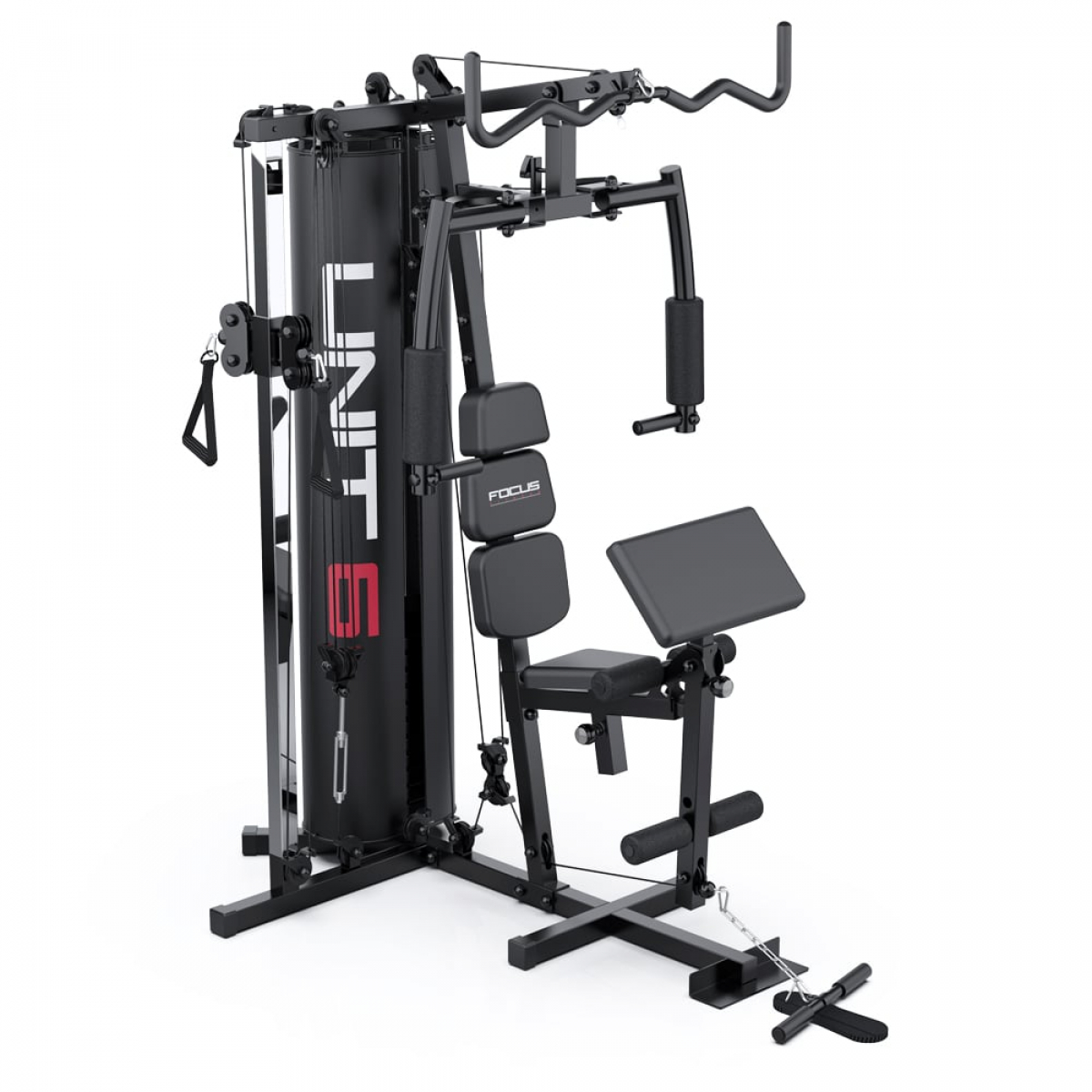 Een zwarte homegymmachine met verschillende trainingsstations.