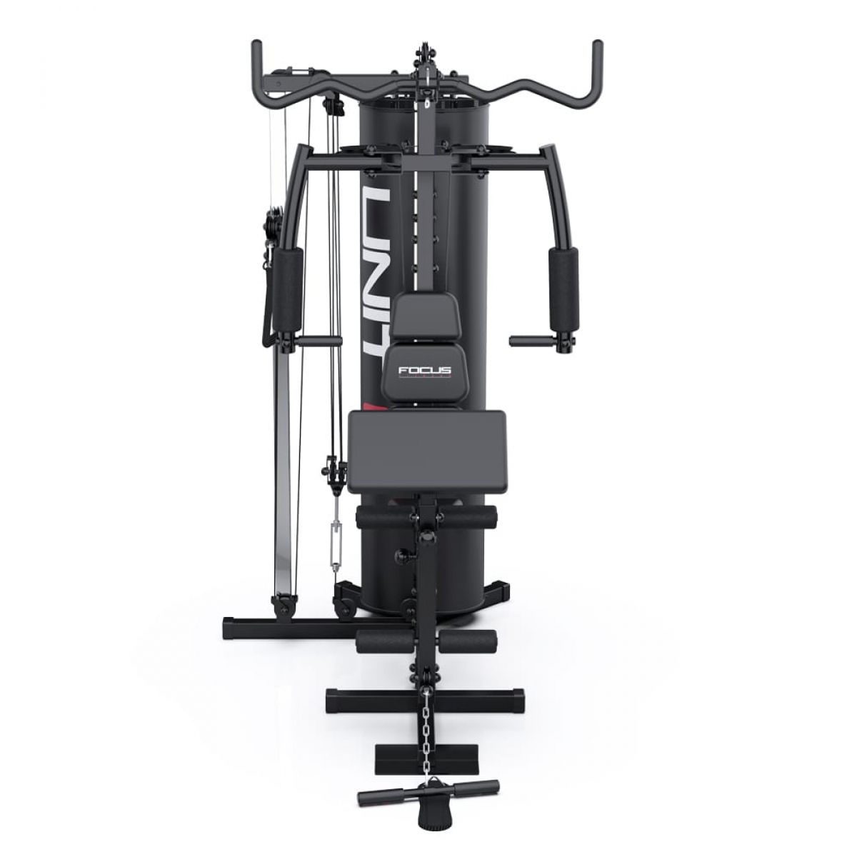 Zwarte fitnessapparatuur, meerdere trainingsstations op een witte achtergrond.